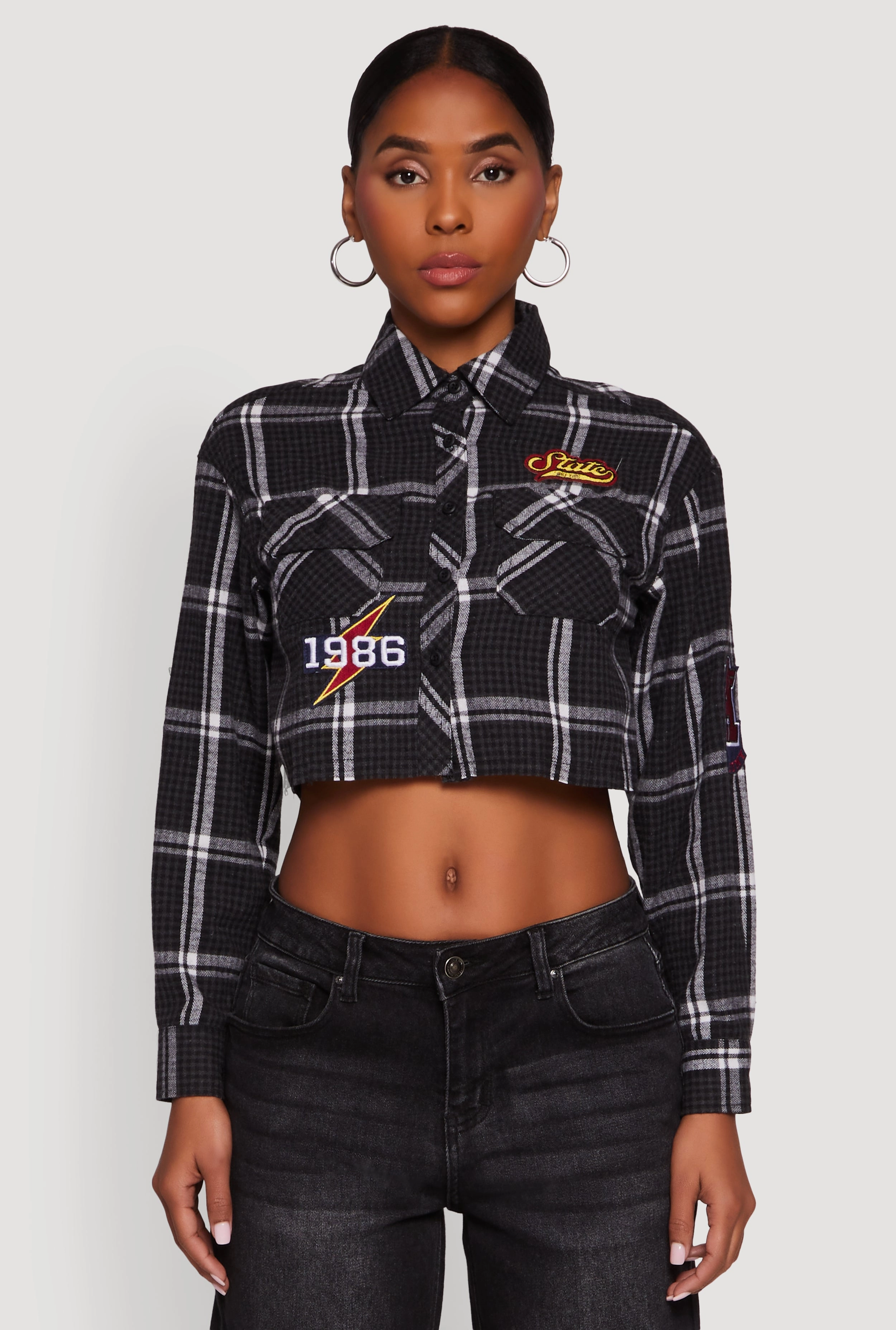 1986 Lightning Patch Plaid Cropped Button Front Shirt Adult Size belt