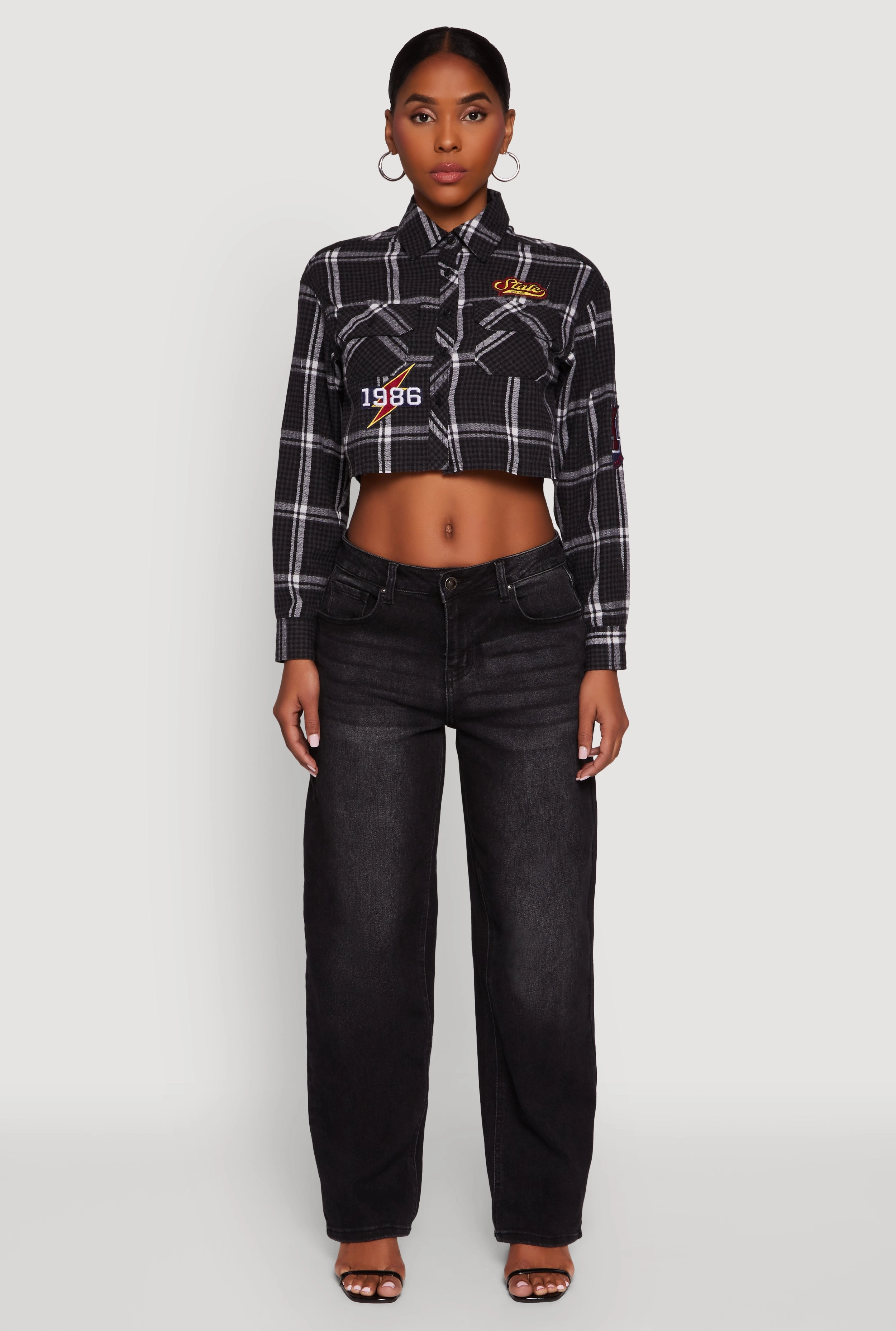 1986 Lightning Patch Plaid Cropped Button Front Shirt Easy to match