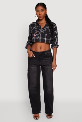 1986 Lightning Patch Plaid Cropped Button Front Shirt Water related Trendy