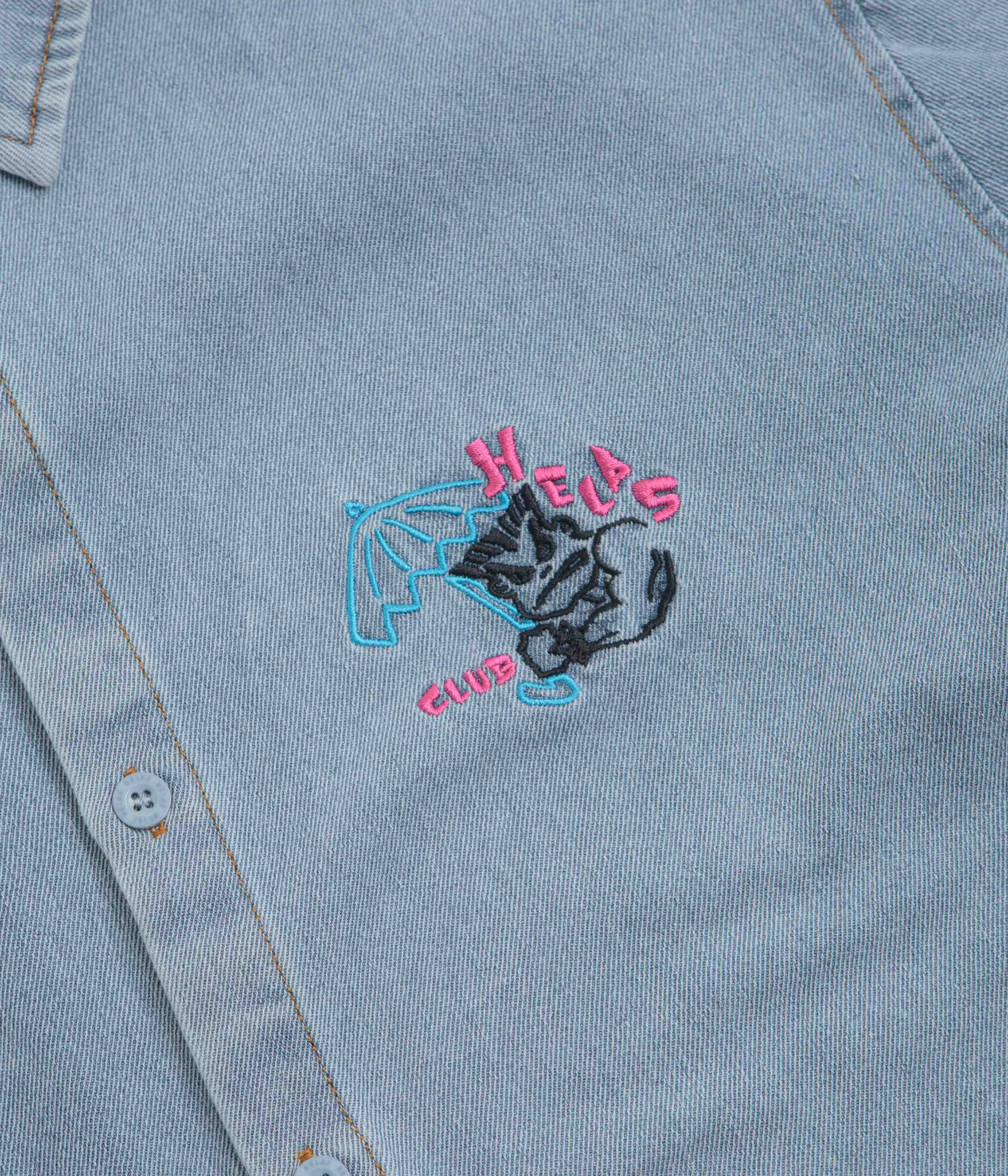 Helas Bad Washed Denim Short Sleeve Shirt - Light Blue Breathable Lining Layered Design