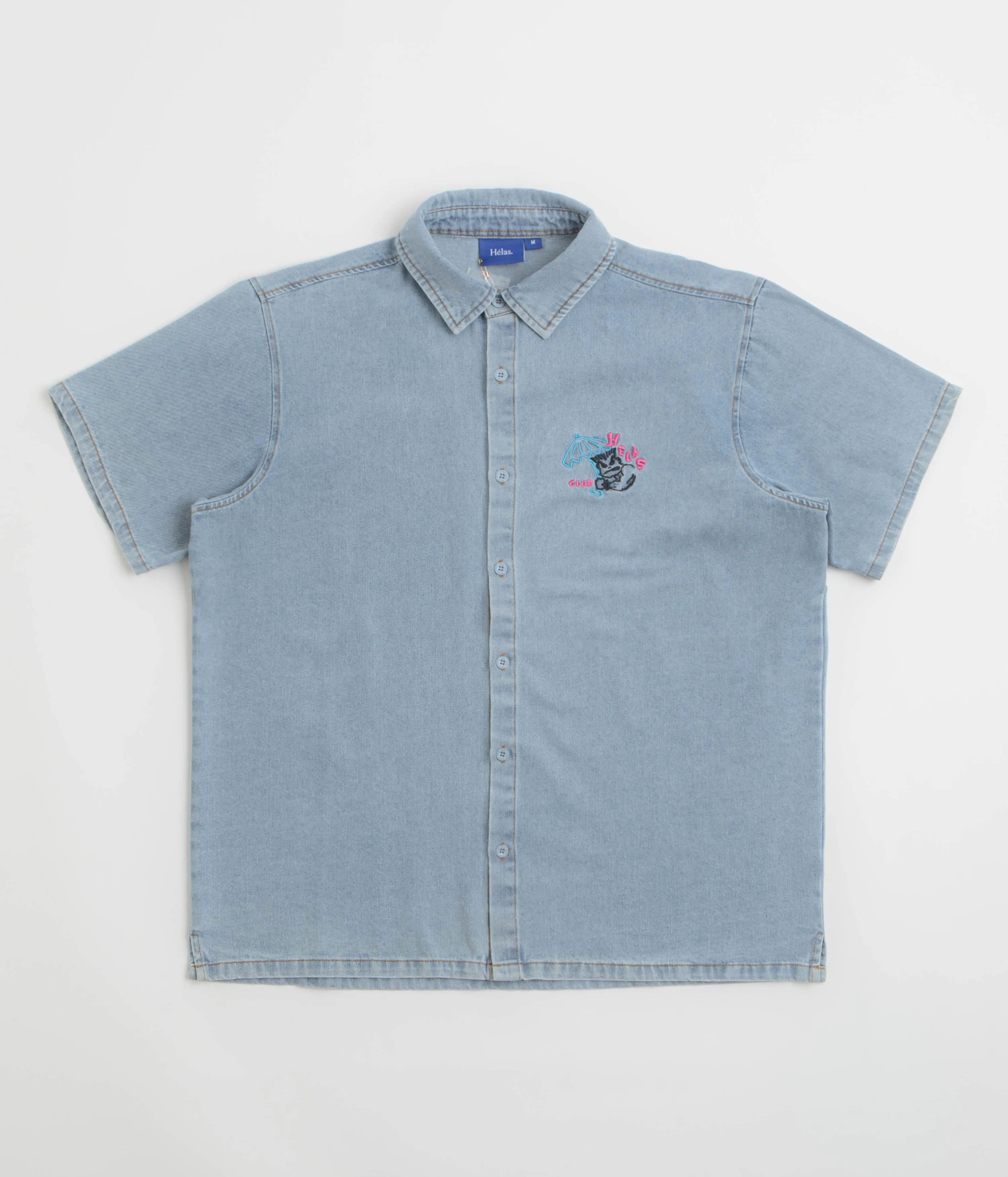 Hooded Option Wrinkle Resistant Finish Helas Bad Washed Denim Short Sleeve Shirt - Light Blue