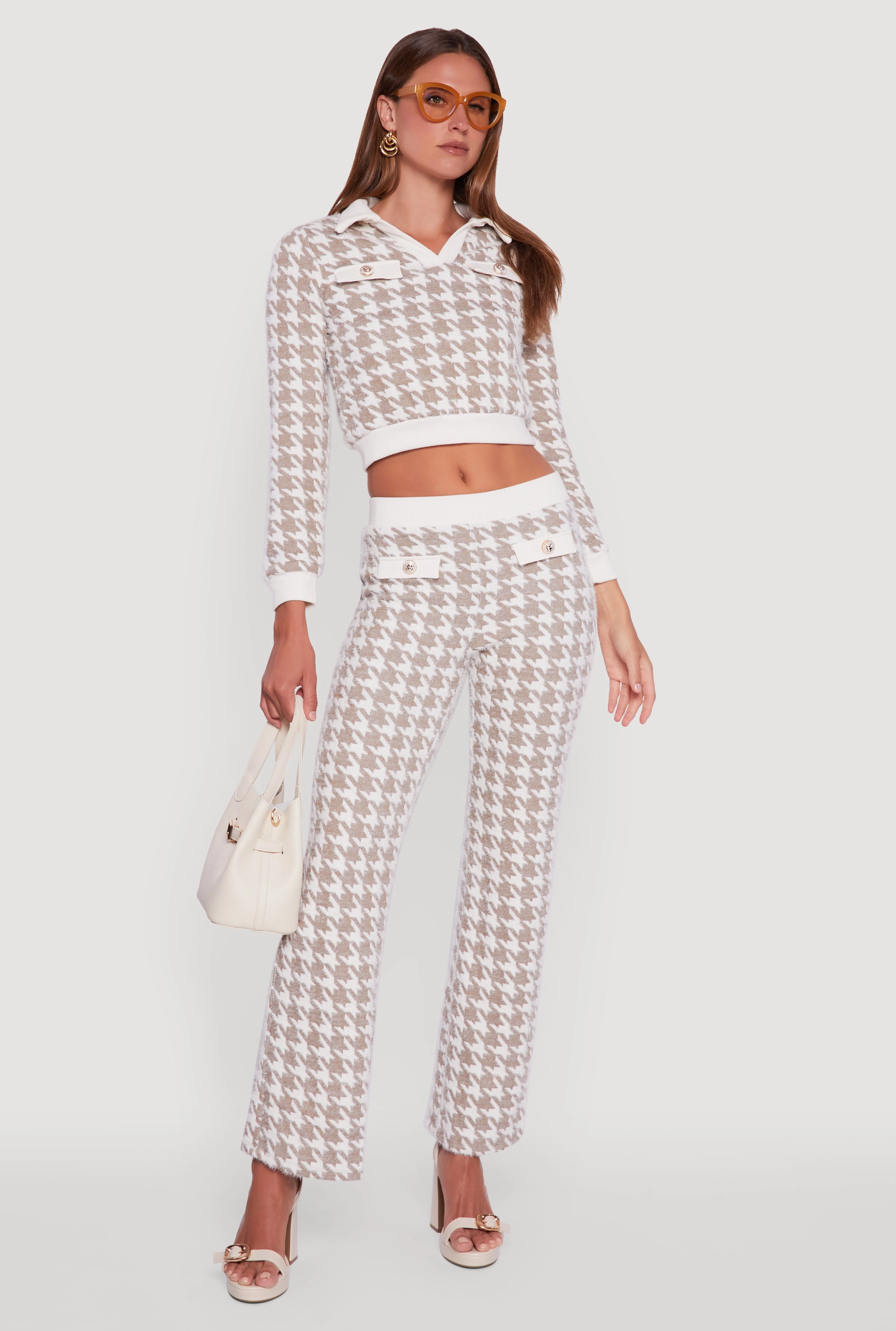 Chilly Comfort Houndstooth Cropped Sweater with Contrast Trim Collar