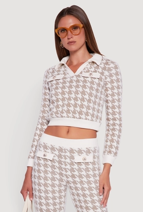 Cozy Comfort Houndstooth Cropped Sweater with Contrast Trim Collar