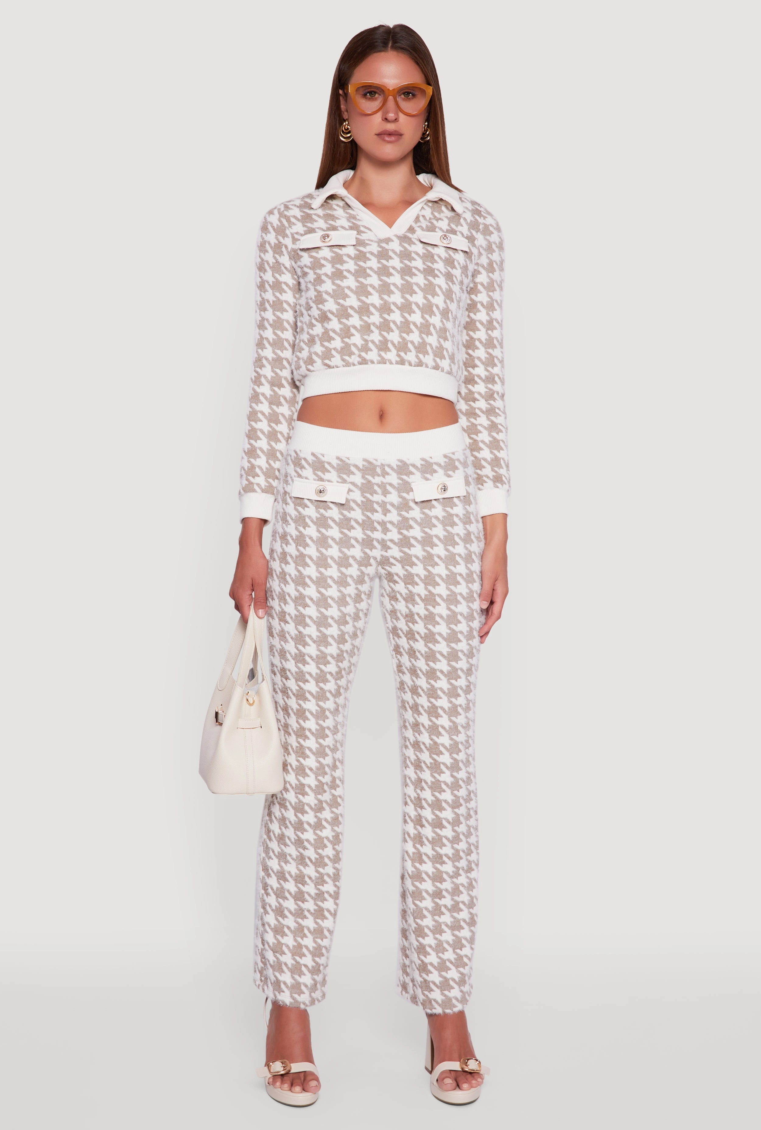 Warm and Fashionable Plush Interior Houndstooth Cropped Sweater with Contrast Trim Collar