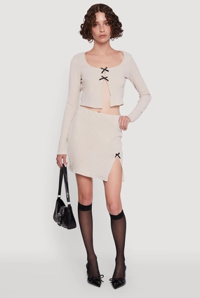 Textured Knit Bow Detail Side Slit Mini Skirt Secure Closure Cozy Tones