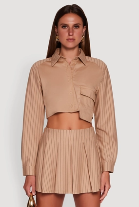 Trendy Pinstripe Detail Cropped Shirt with Flap Pocket Non cuffed edge Vintage collector