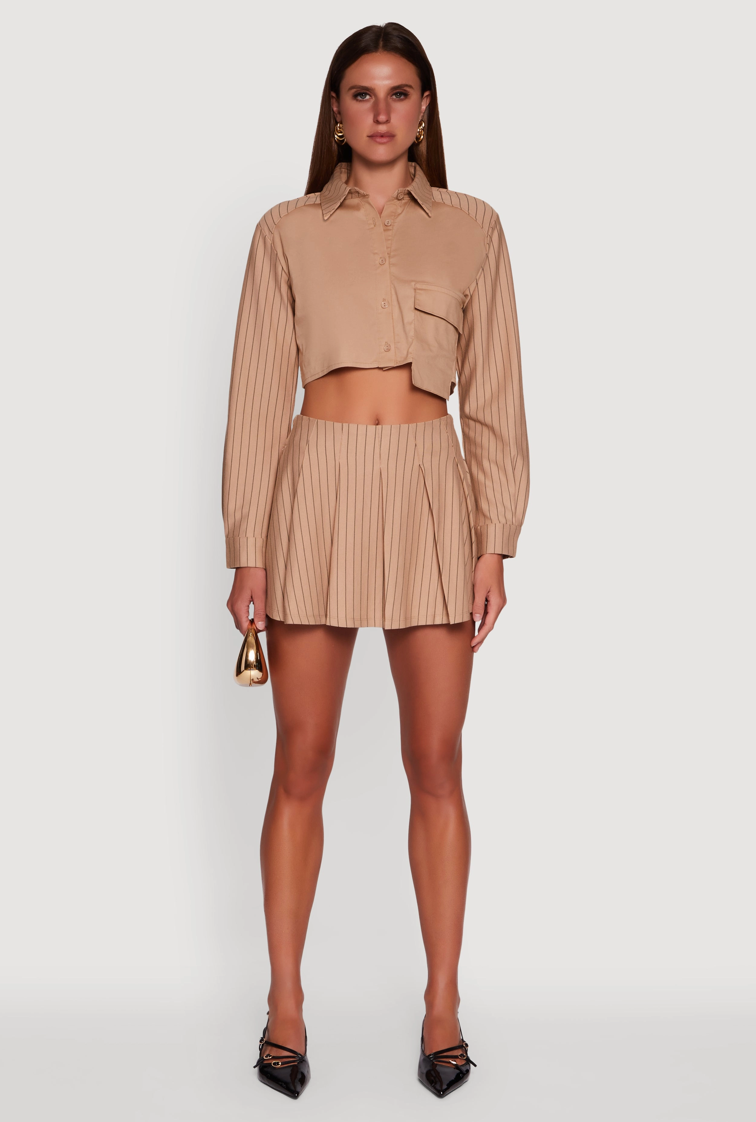 Trendy Pinstripe Detail Cropped Shirt with Flap Pocket Polar region