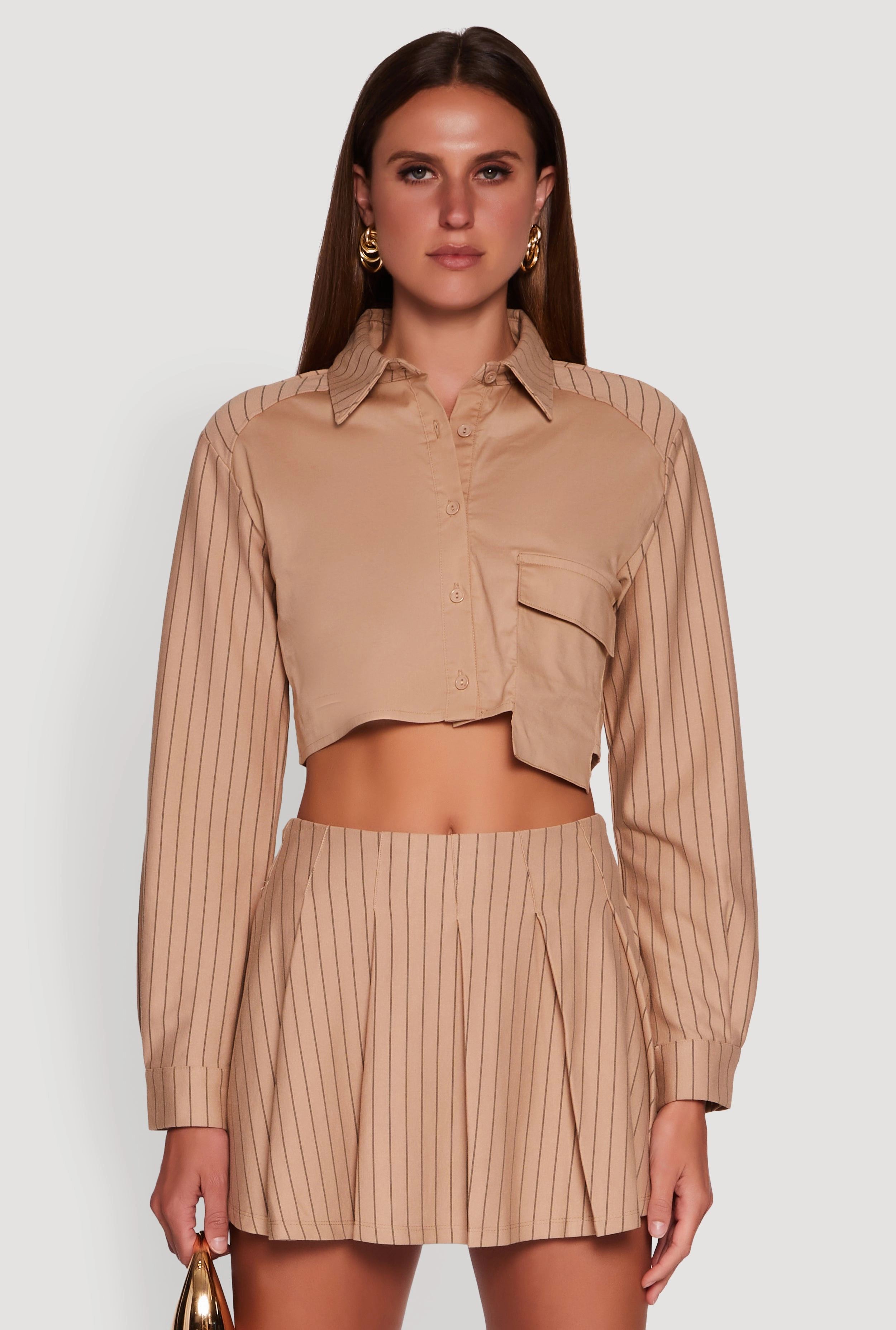 Trendy Pinstripe Detail Cropped Shirt with Flap Pocket Non cuffed edge Vintage collector