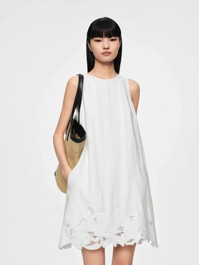 Belt Waist Linen Blend Embroidery Dress