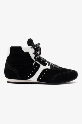 Stella Mid Sneaker In Black Suede and White Leather Hyperlock Heel Counter Slim flair