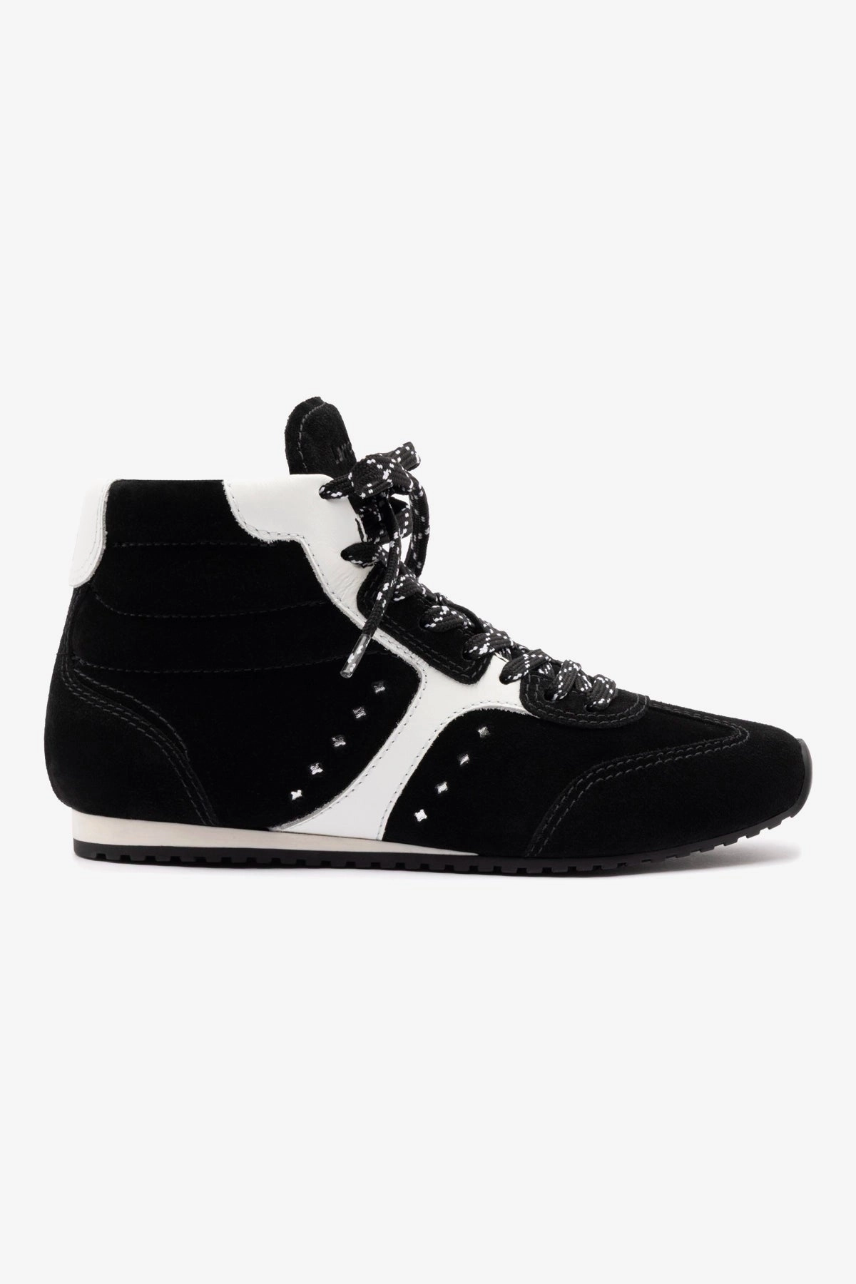 Stella Mid Sneaker In Black Suede and White Leather Hyperlock Heel Counter Slim flair
