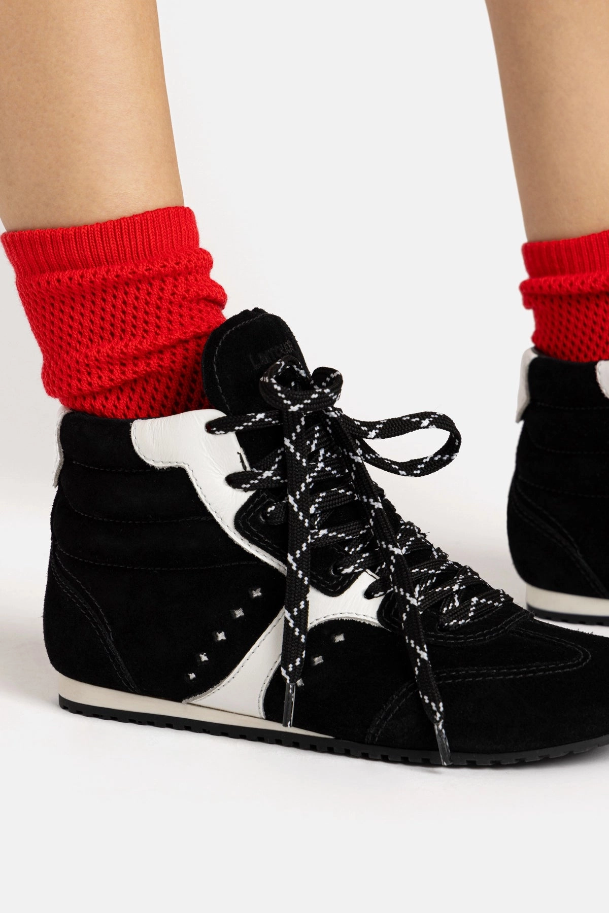 Smart cushioning Stella Mid Sneaker In Black Suede and White Leather