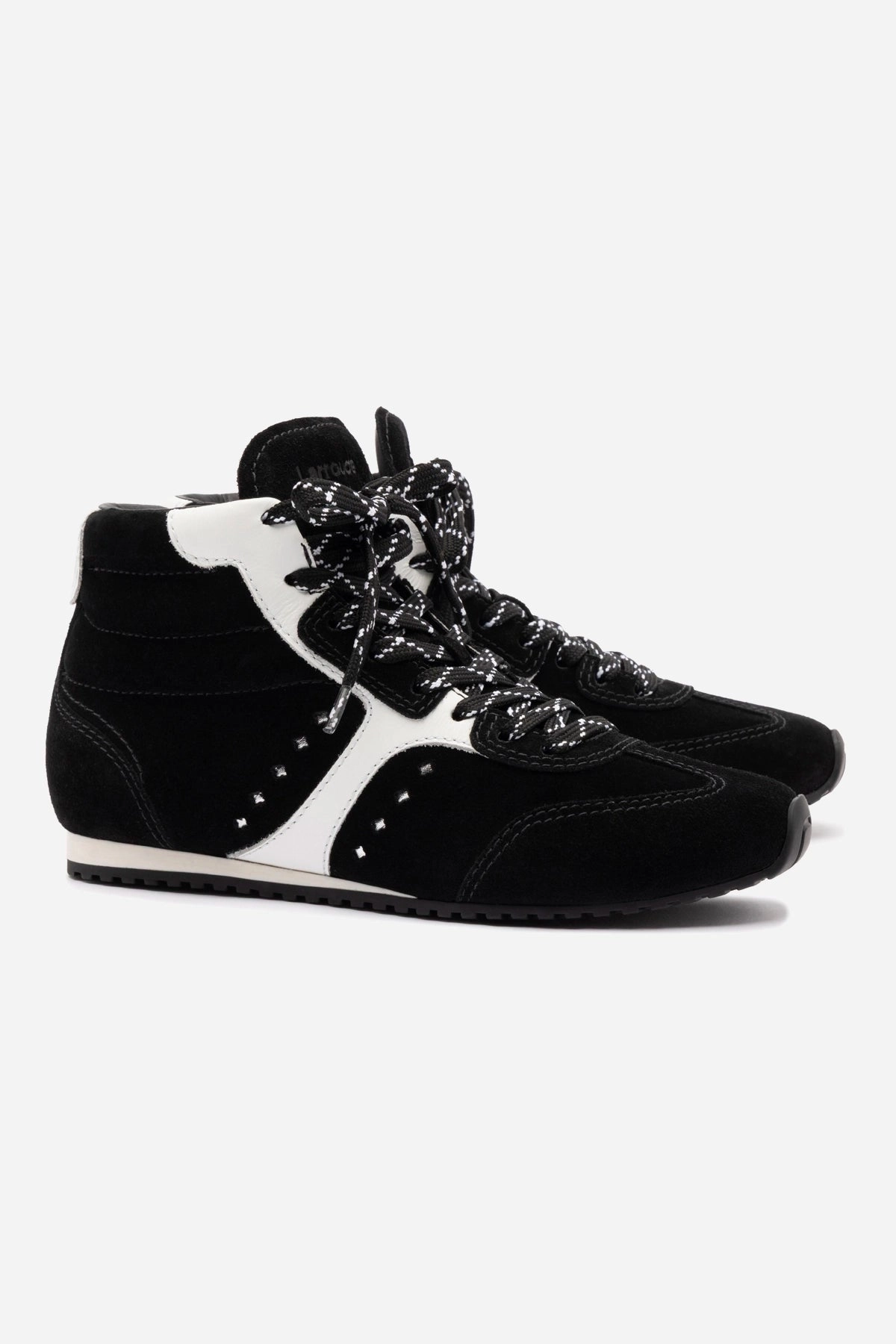 Stella Mid Sneaker In Black Suede and White Leather Minimal Design