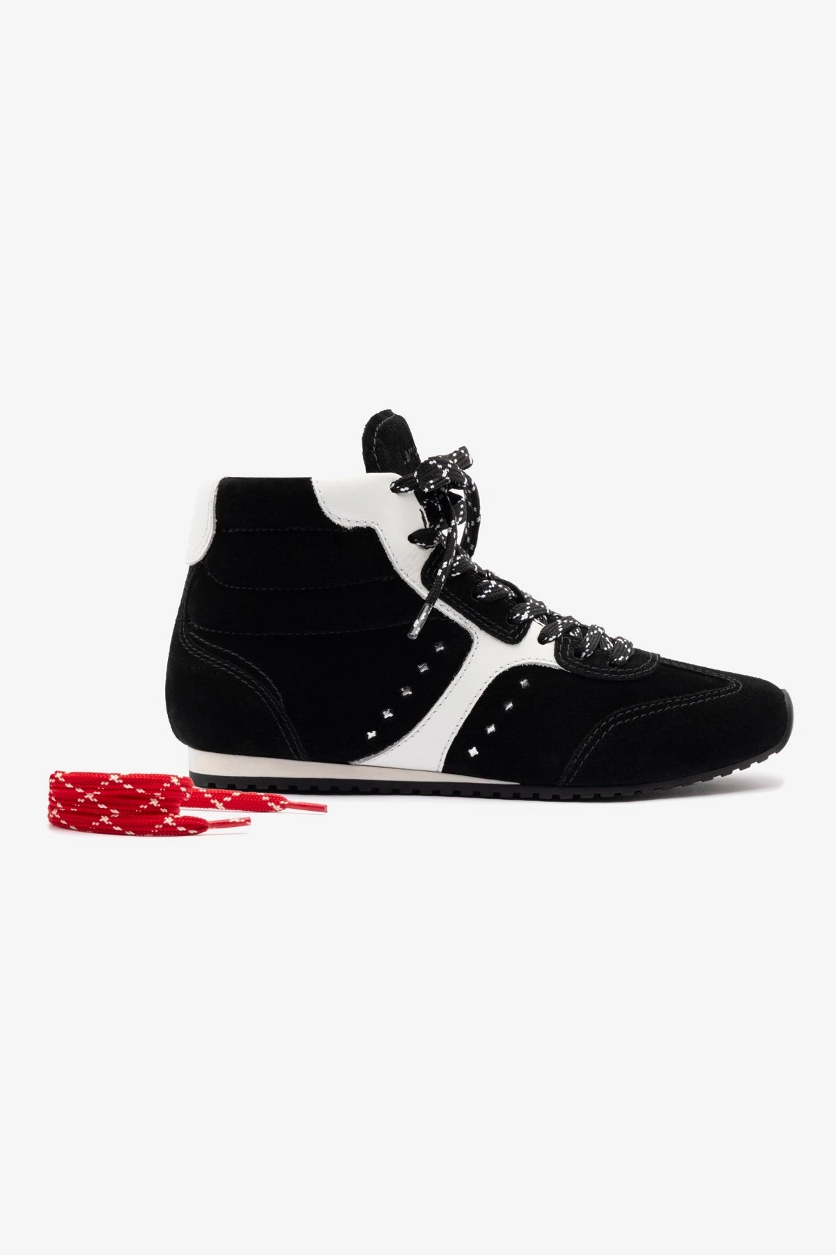 All-around silhouette Abrasion Shield Technology Stella Mid Sneaker In Black Suede and White Leather