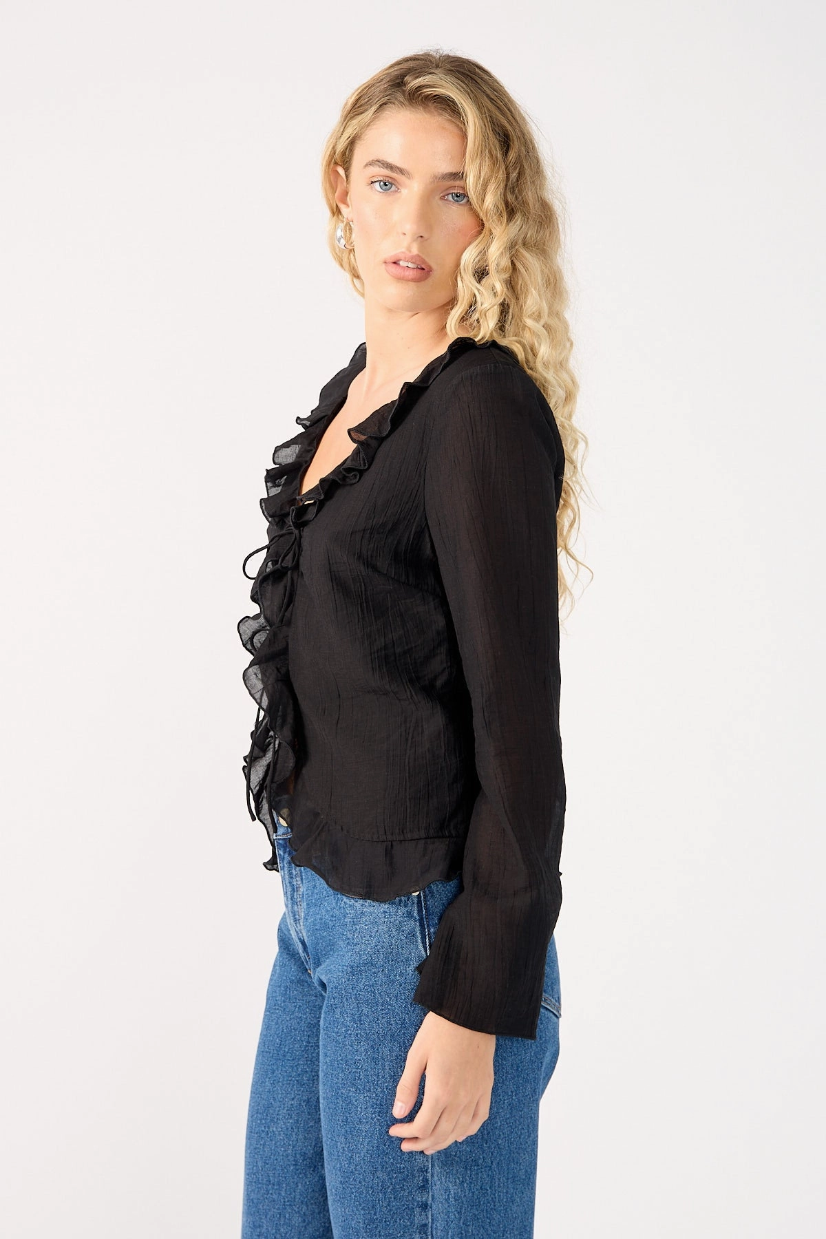 Perfect Stranger Marybelle Ruffle Long Sleeve Top Black gym - goer Work Wear