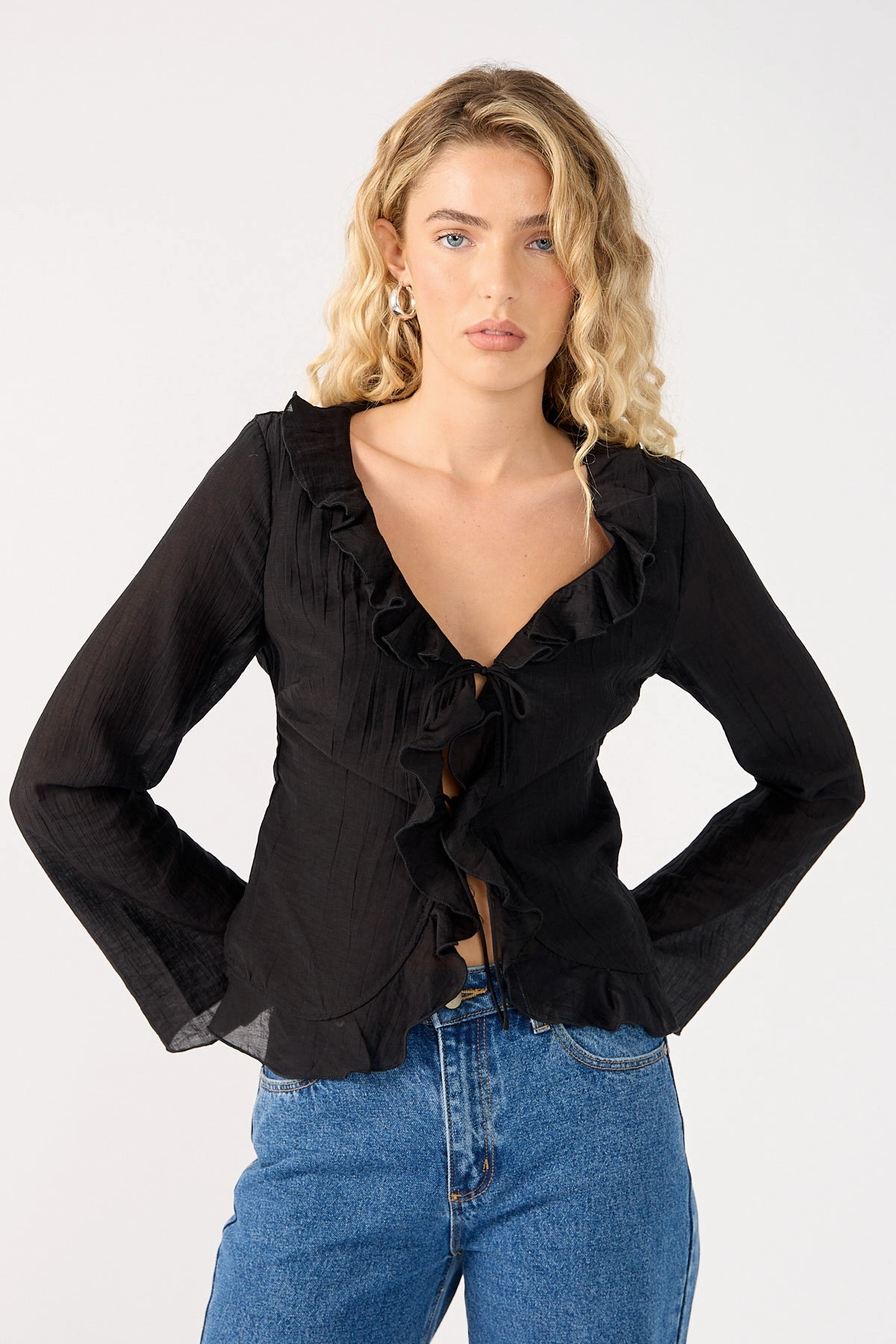 Eco Friendly Cotton Blend Perfect Stranger Marybelle Ruffle Long Sleeve Top Black