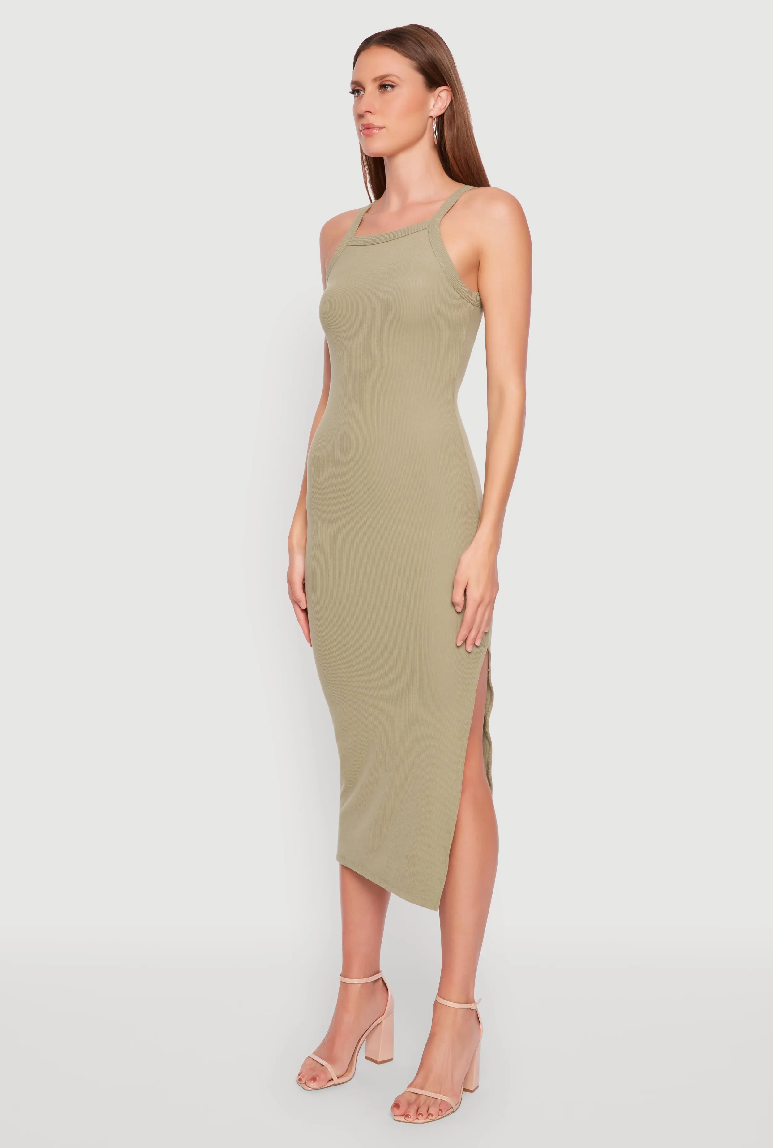 Japan Line Iris Ribbed Knit Side Slit Dress