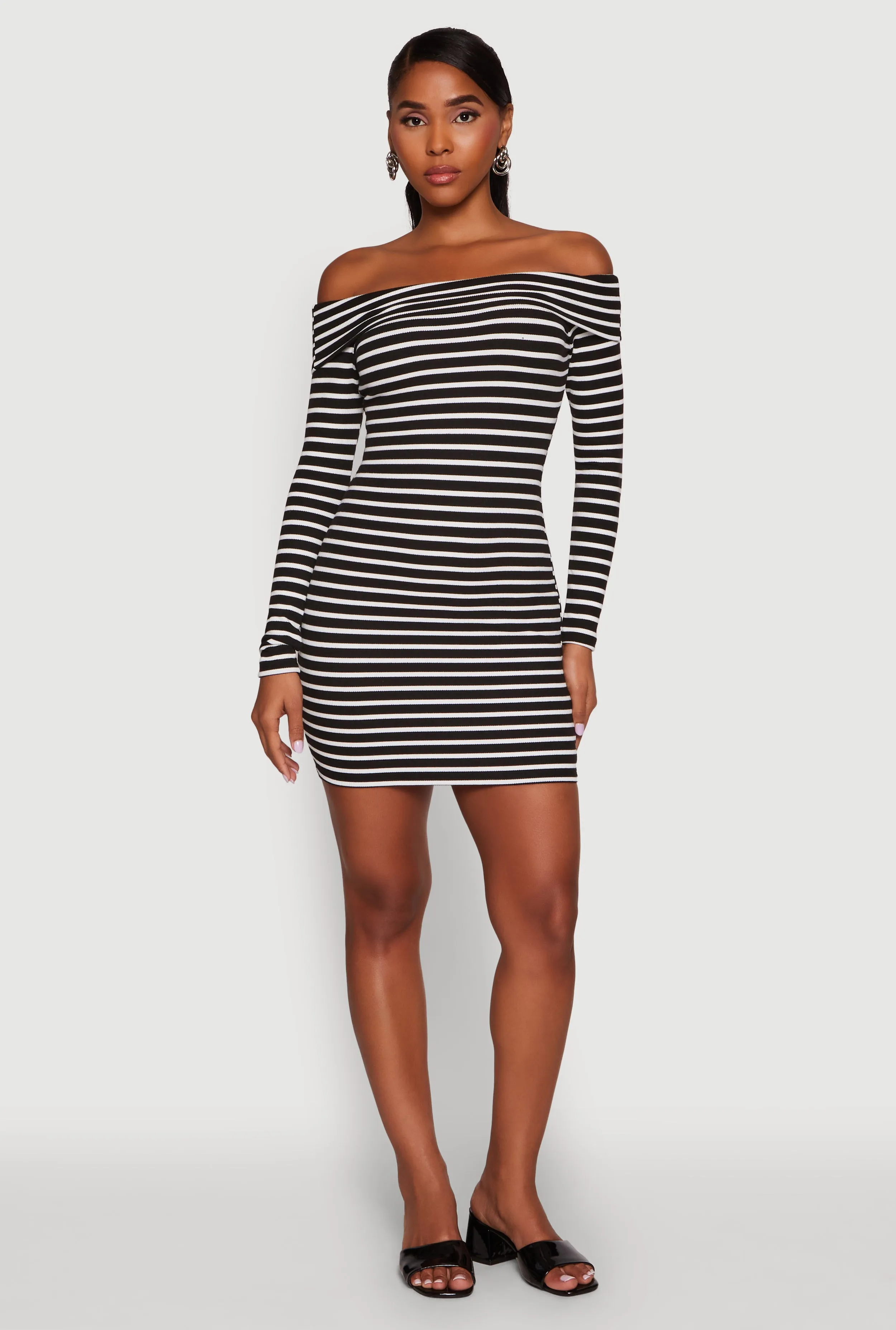 Work Favorite Eco-Lining Iris Striped Off The Shoulder Mini Bodycon Dress