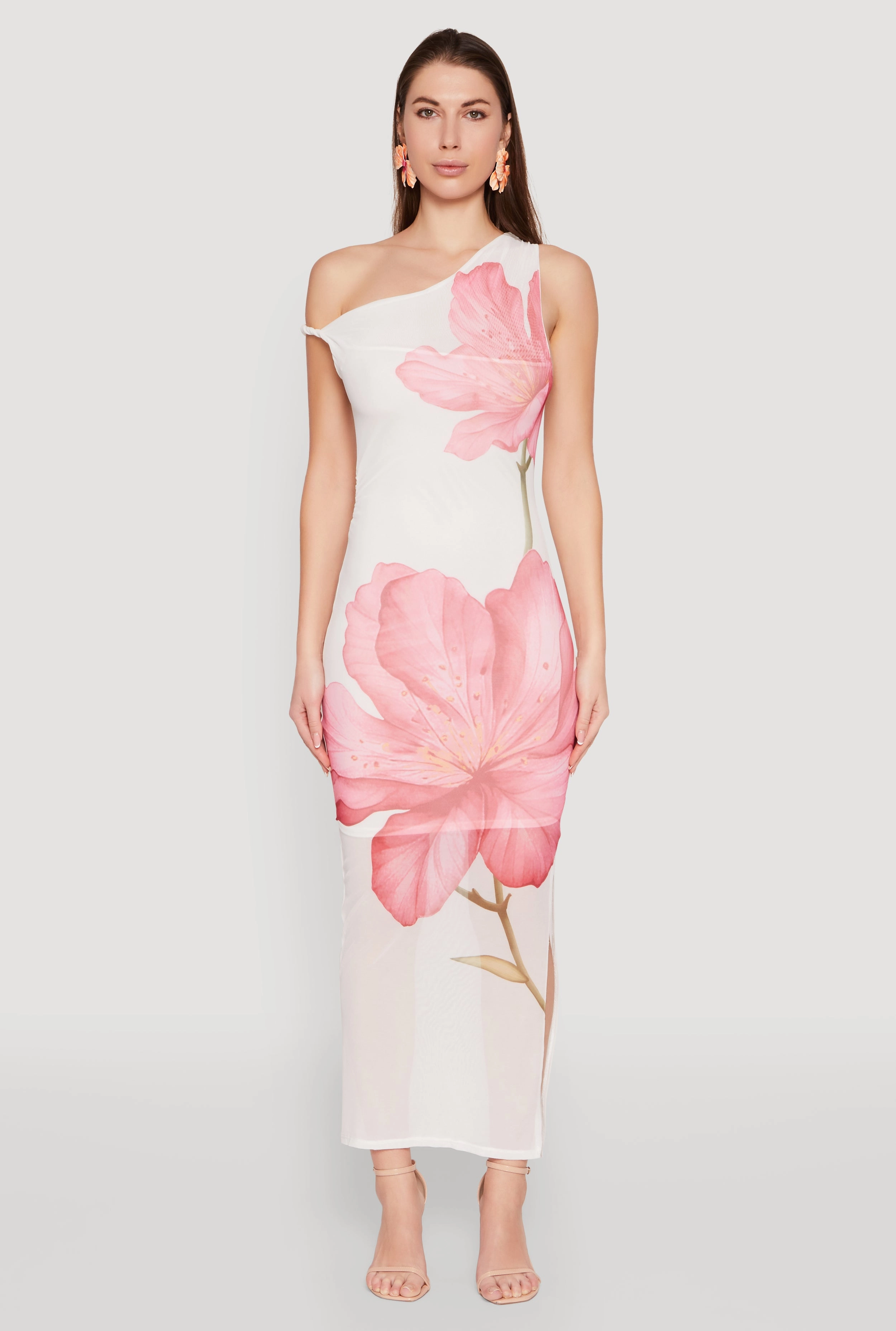 Velvet-Sleeve Iris One Shoulder Floral Print Maxi Dress