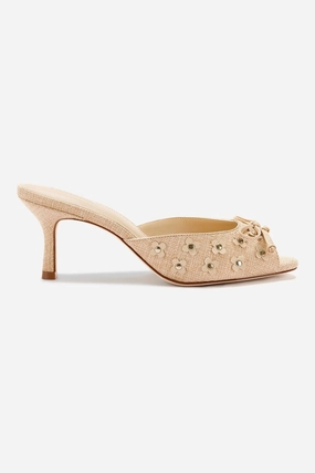 Jasmine Mule In Beige Raffia Waterproof Seam Heel Cup Stabilization