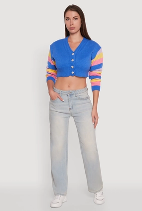 Daisy Color Blocked Striped Sleeve Cropped Cardigan Snuggle Layers Knitted Layering
