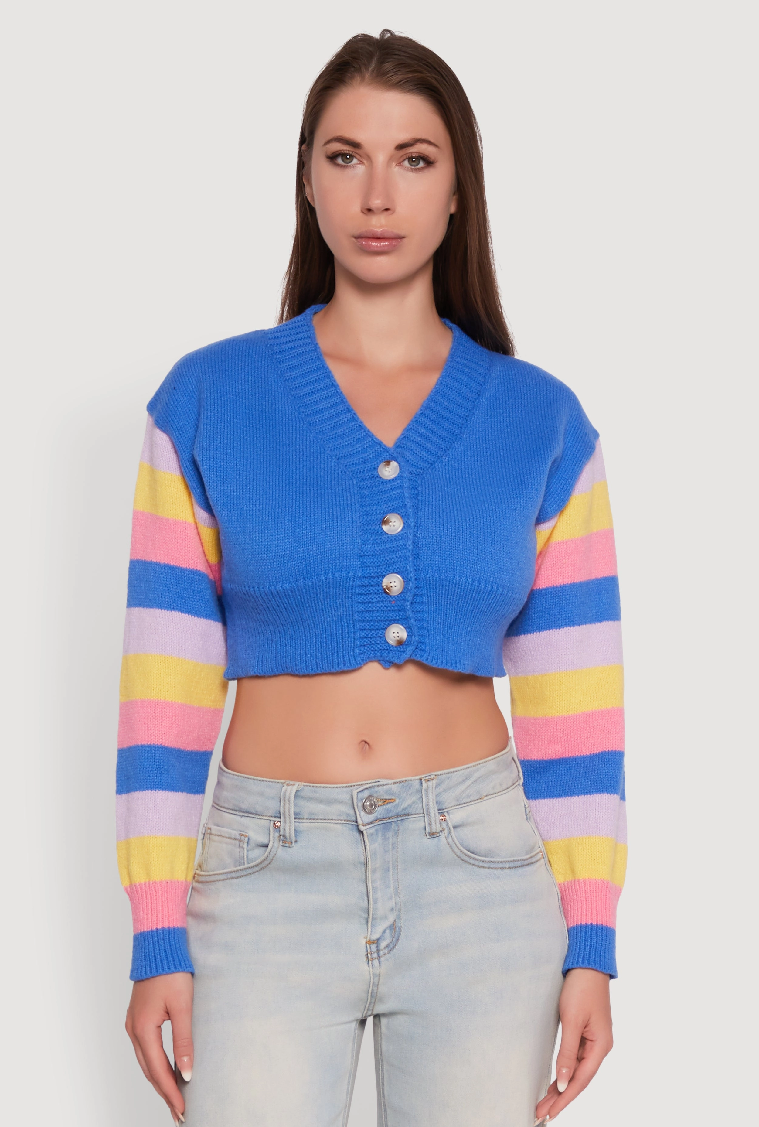 Daisy Color Blocked Striped Sleeve Cropped Cardigan Knitted Layer Reinforced Cuffs