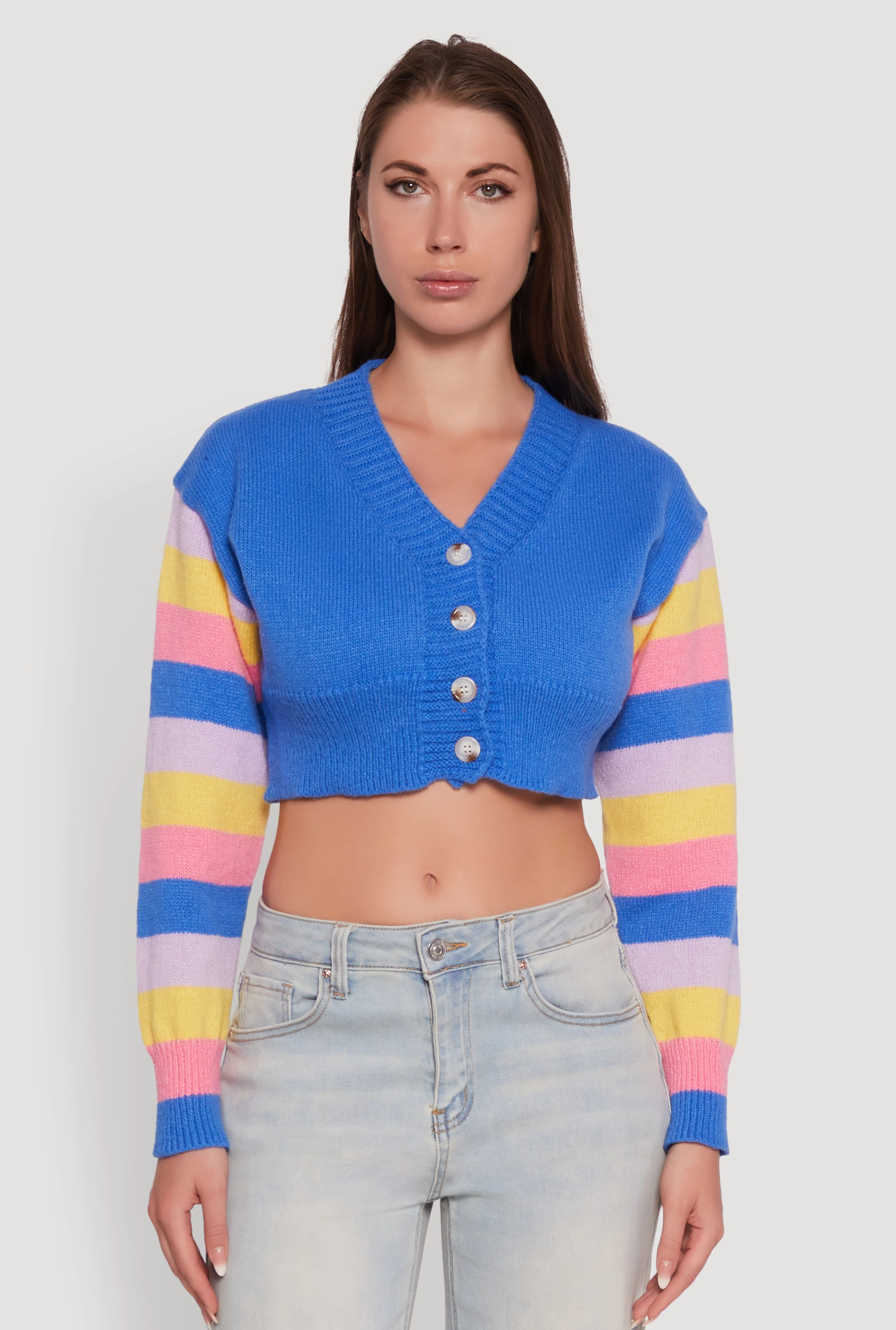 Daisy Color Blocked Striped Sleeve Cropped Cardigan shopping