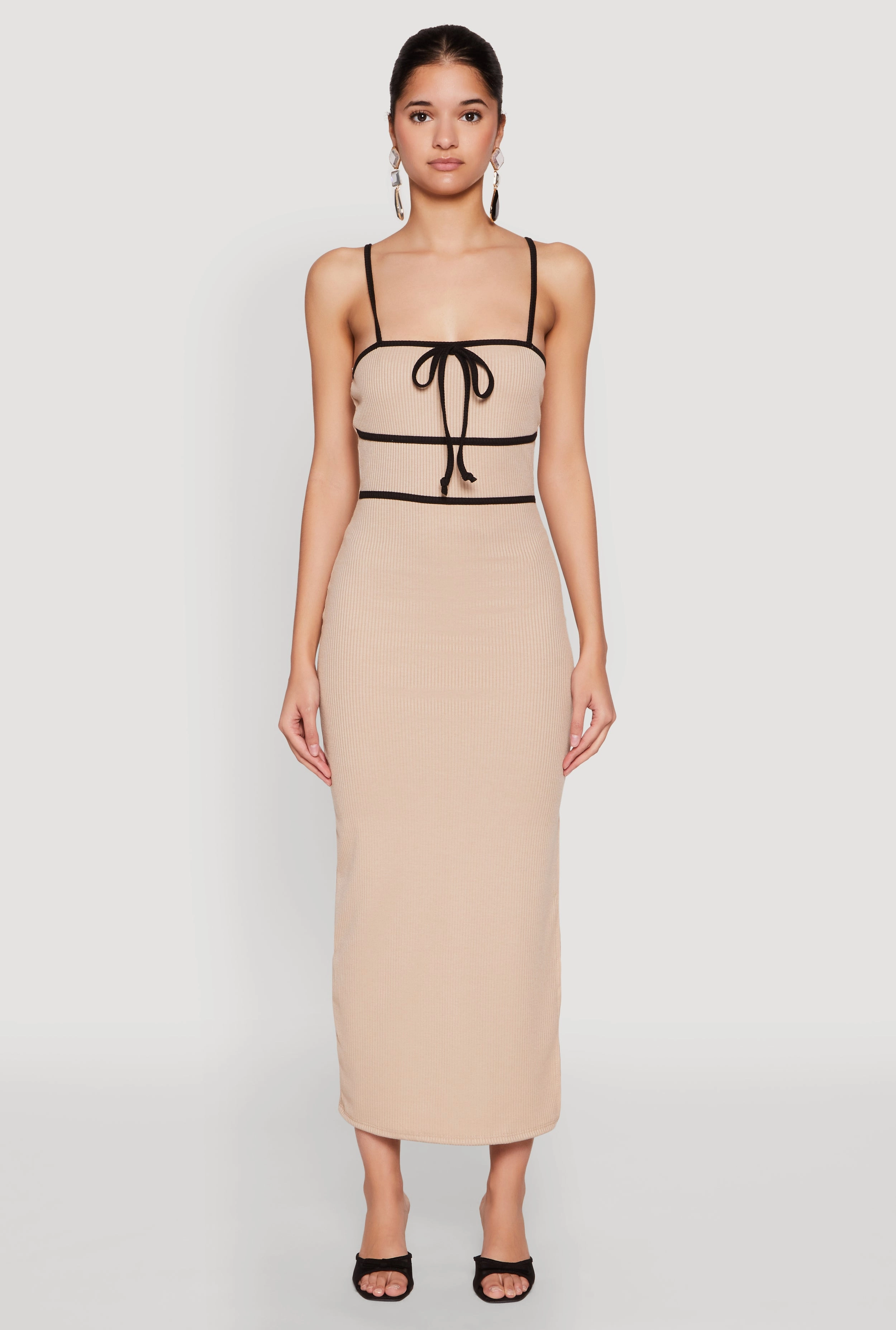 Contrast Trim Tie Front Side Slit Dress Classic Vibe