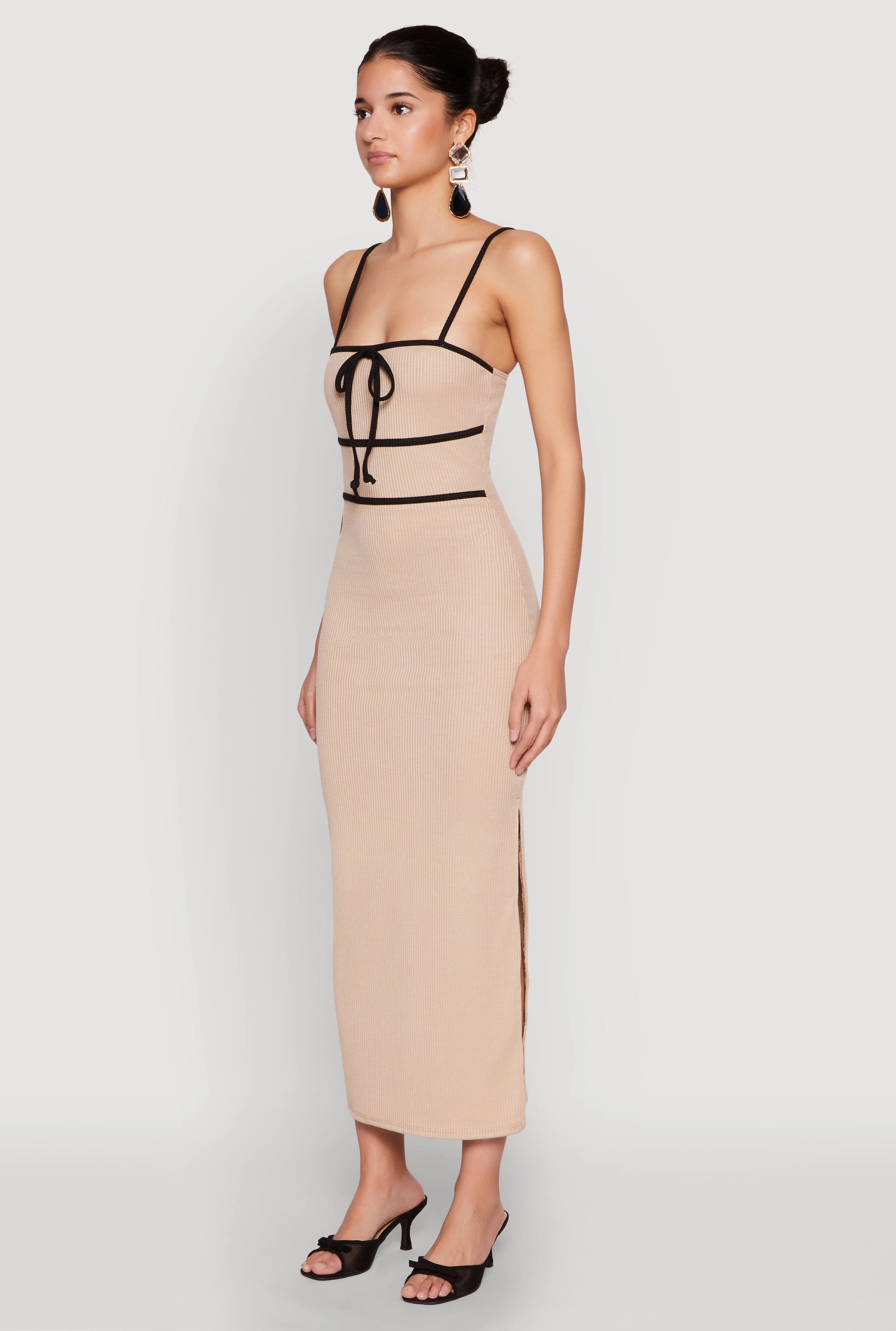 Timeless Look Contrast Trim Tie Front Side Slit Dress