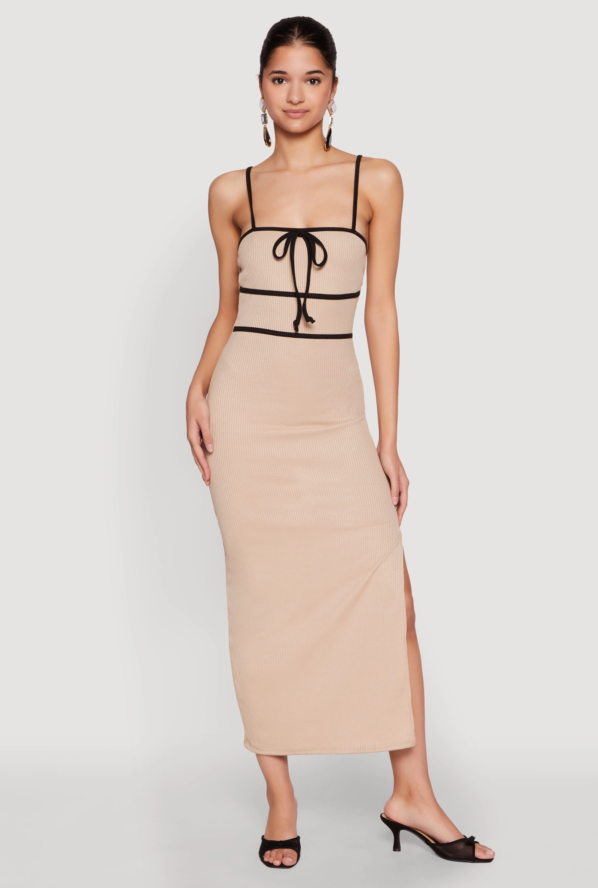 Contrast Trim Tie Front Side Slit Dress Street Flex