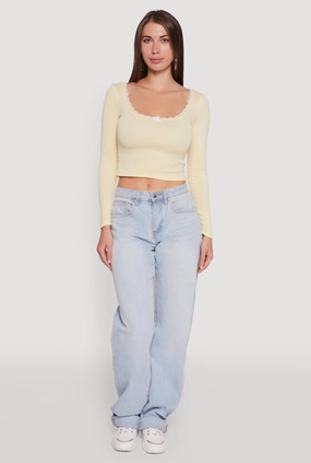 Flatland area Furry Lace Detail Scoop Neck Long Sleeve Crop Top