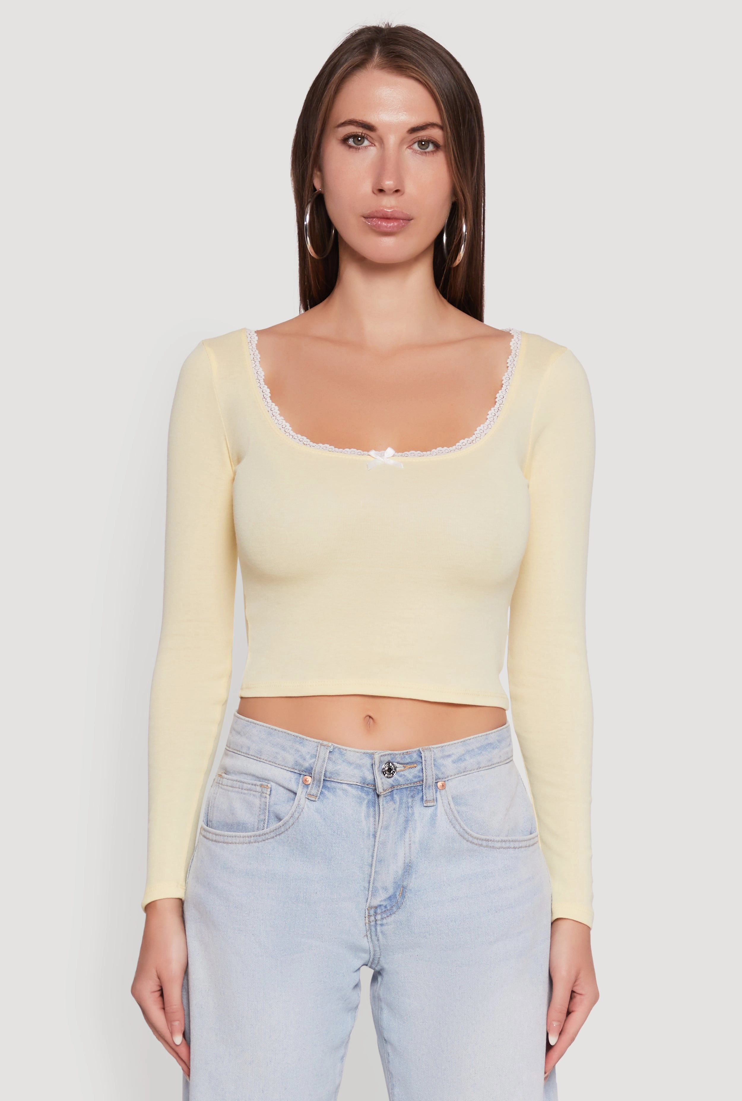 Lace Detail Scoop Neck Long Sleeve Crop Top Non Restrictive Tailoring umbrella