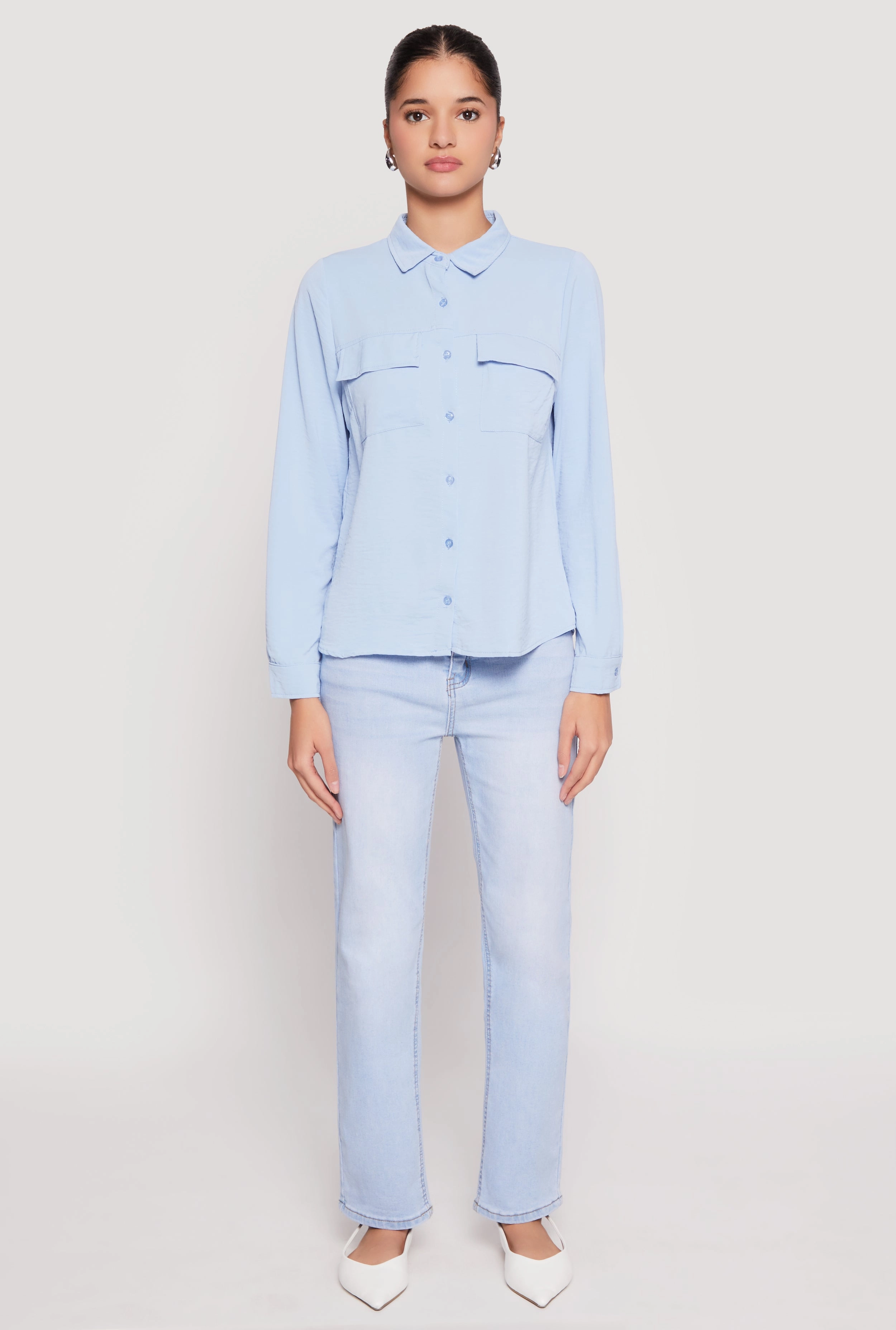 Glossy Look Teenager Iris Airy Button Front Cargo Pocket Blouse