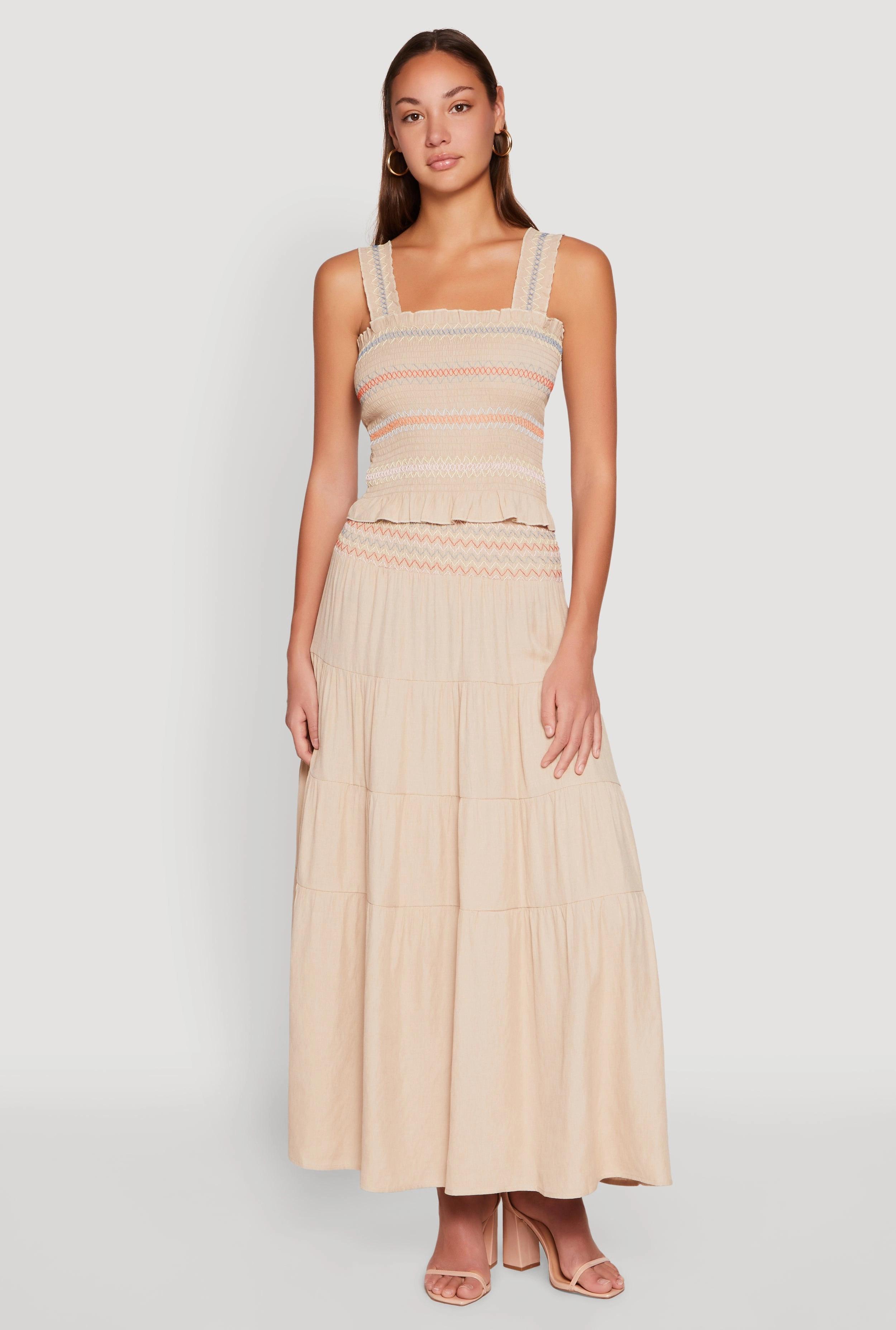 Chevron Smocked Trim Tiered Skirt Breezy Mood