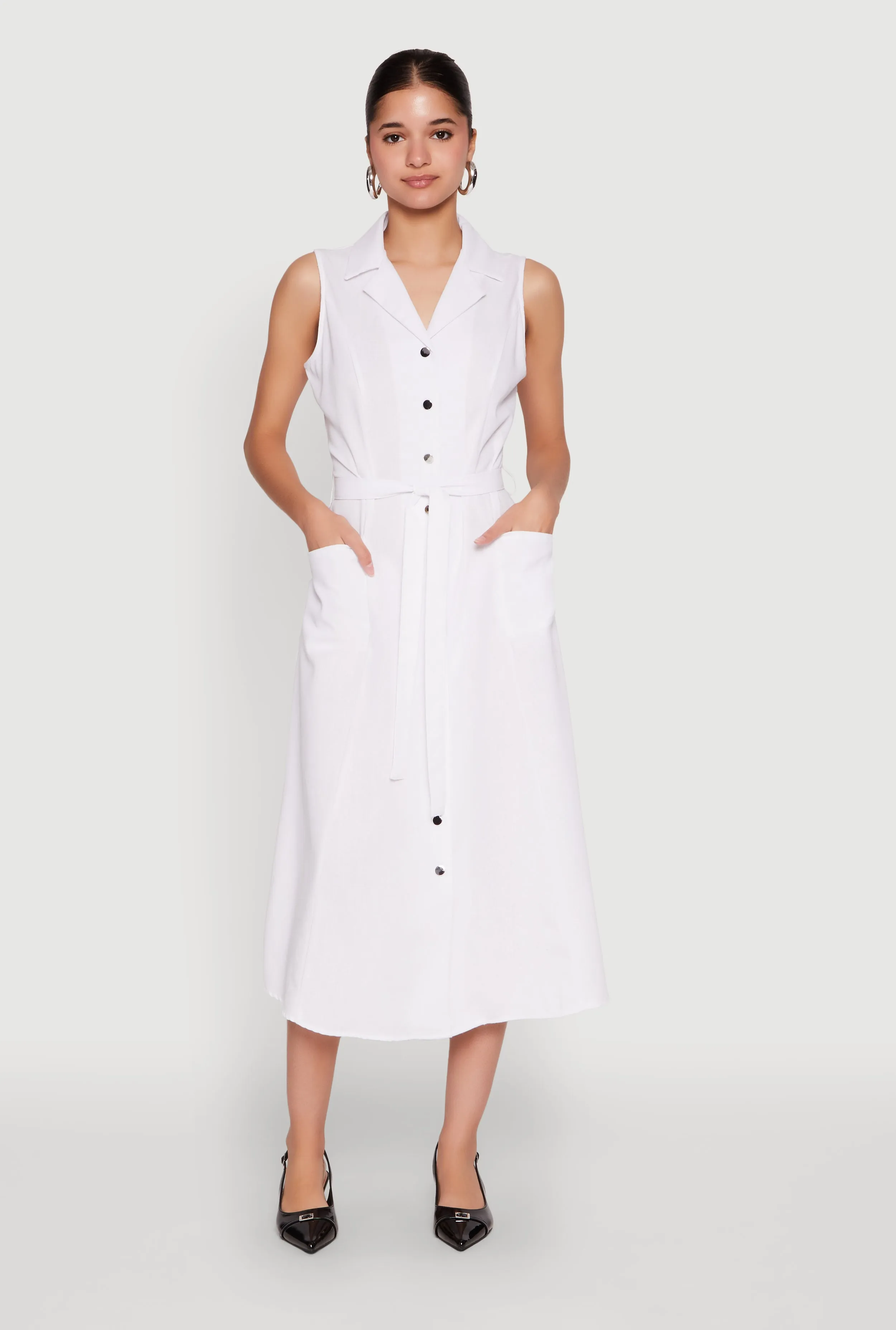 Lapel Collar Tie Waist Belted Midi Dress Sharp Detail Breathable Material