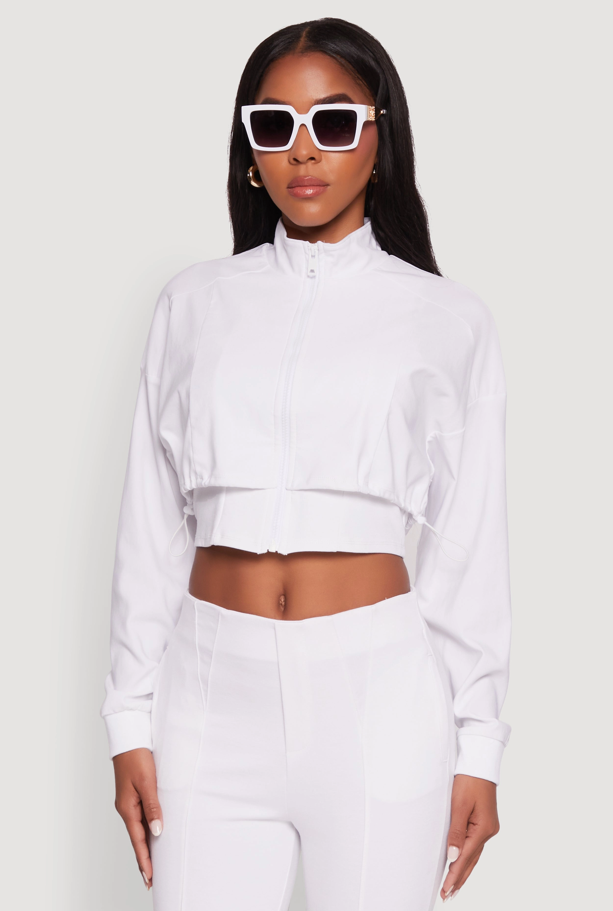 Trendy Lined Mock Neck Zip Front Crop Top ReinforcedSeams