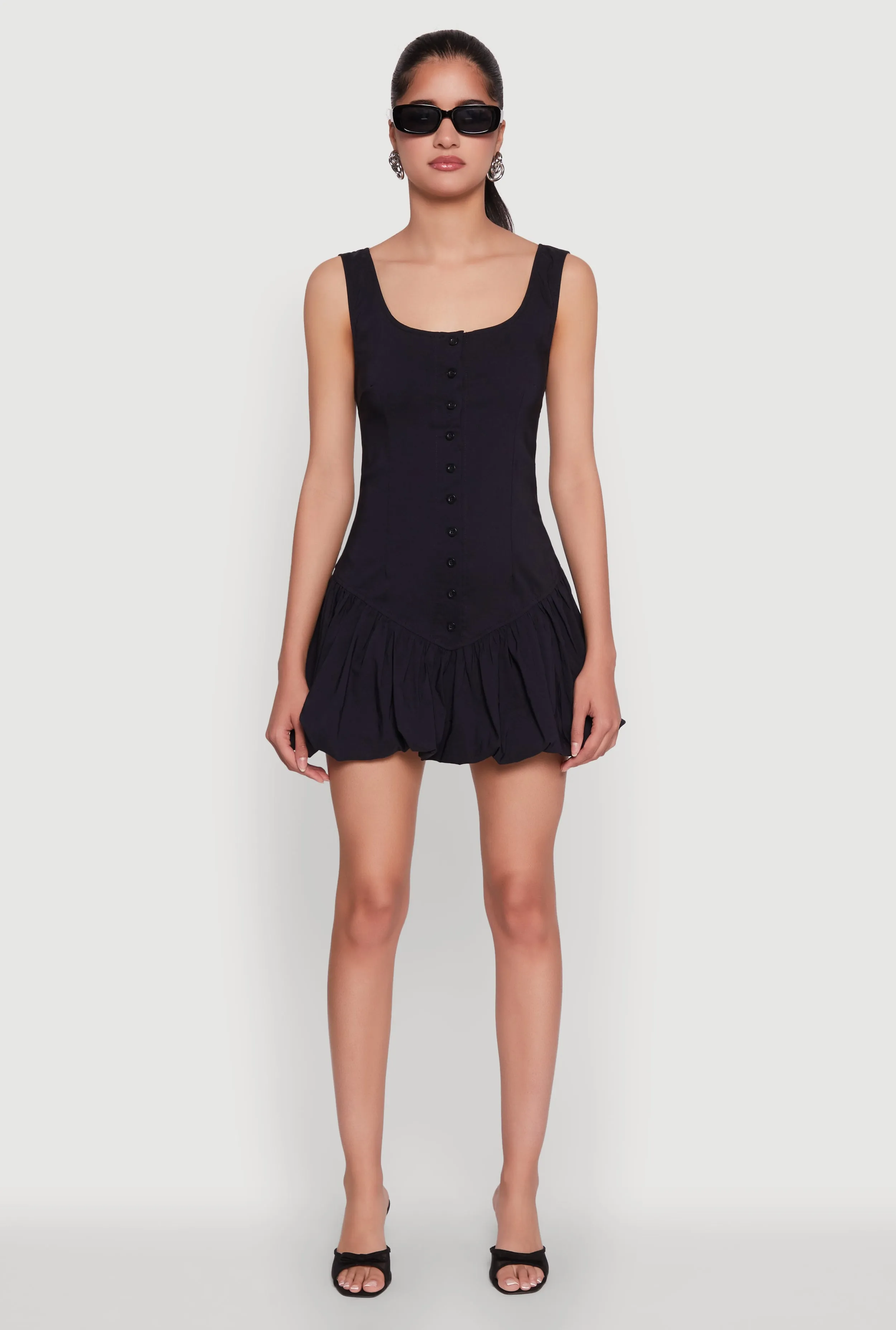 Button Front Mini Bubble Hem Dress Polished Finish