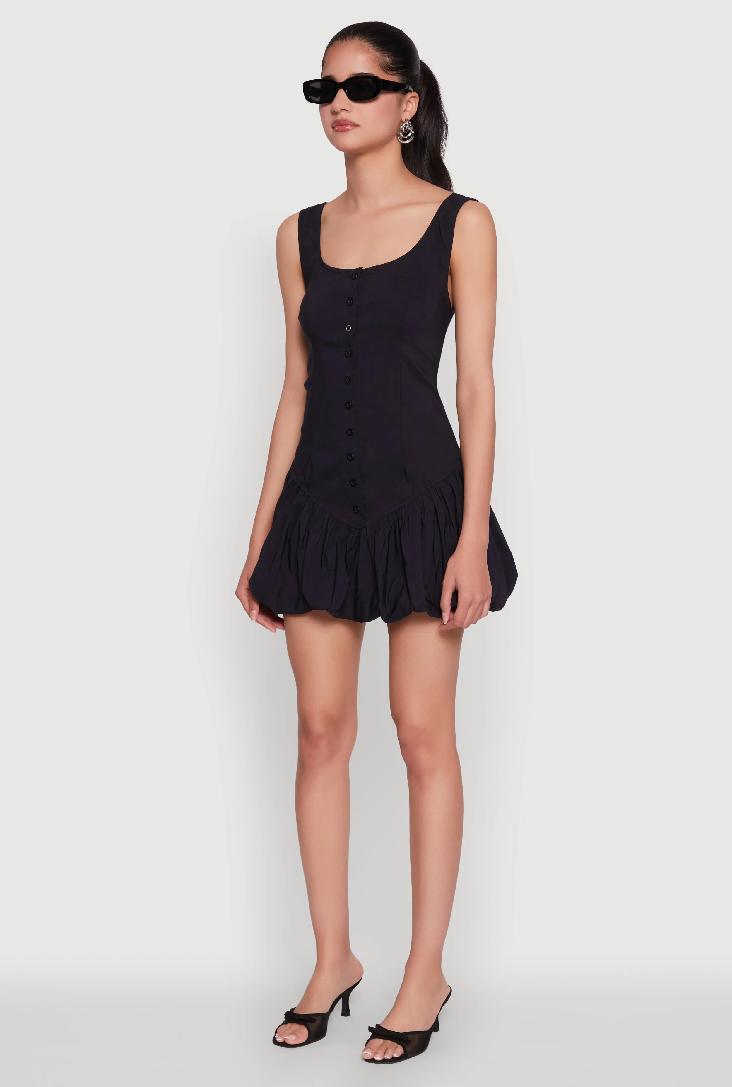 Dark Tones Elegant brunch outfit Button Front Mini Bubble Hem Dress
