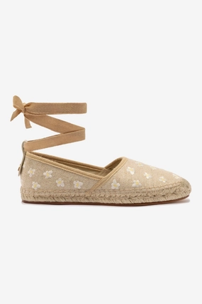 Letizia Espadrille Flat In Raw Linen and Daisy Embroidery Boutique Mood Boat Mood