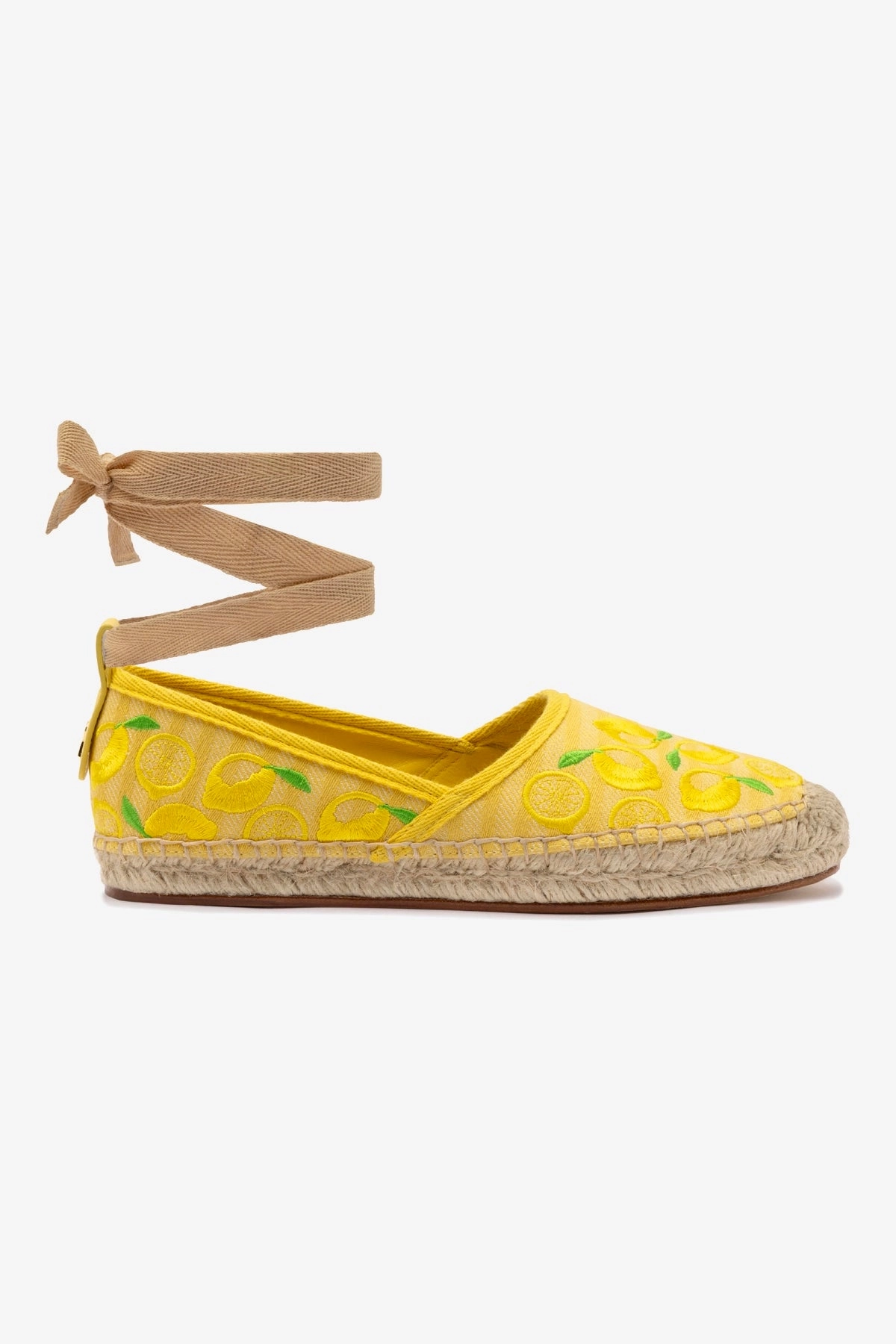 Letizia Espadrille Flat In Sunrise Striped Fabric and Sicilian Lemon Embroidery Top View