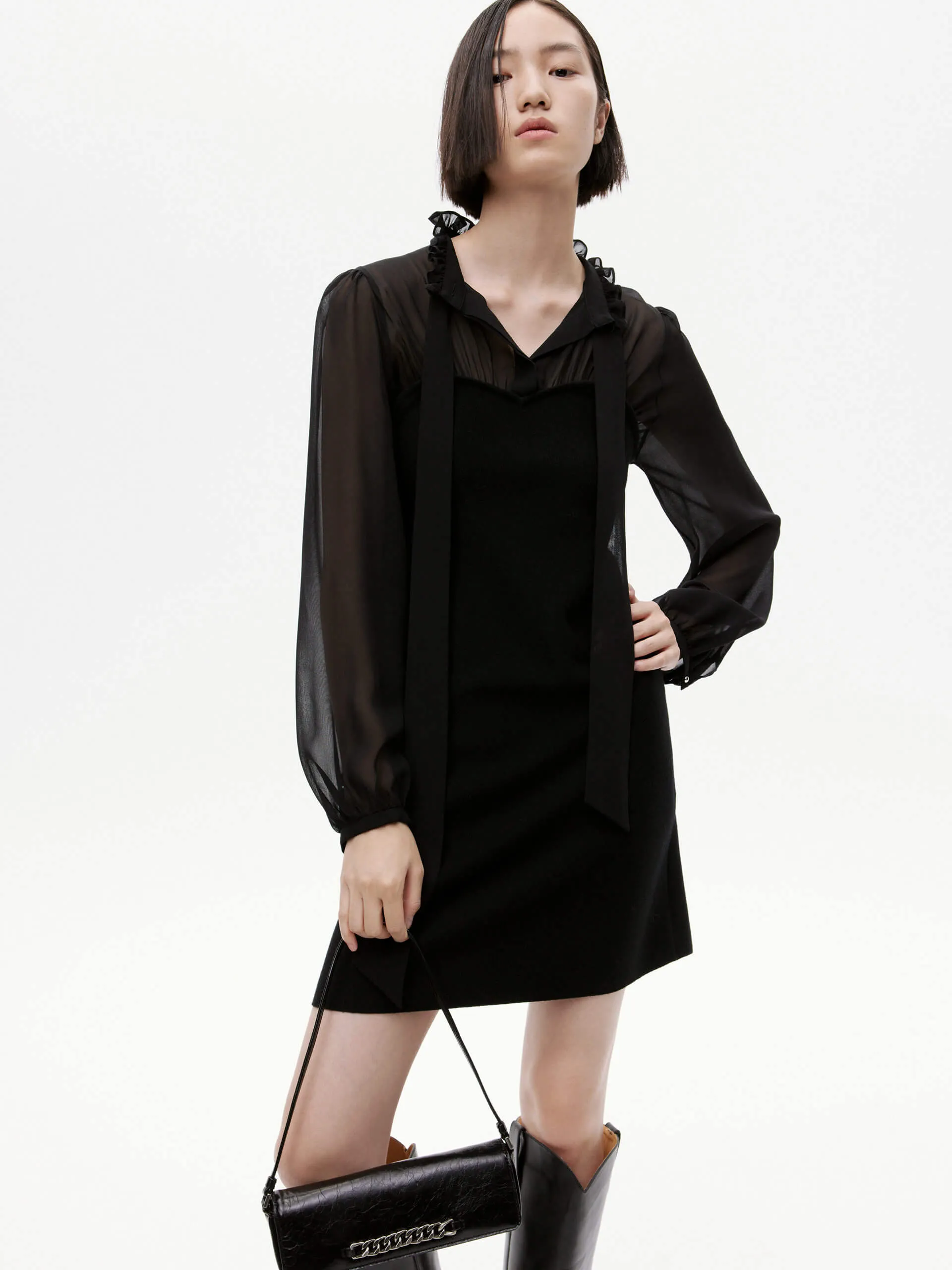 Relaxed Fit Look Flow Friendly Ruffled Collar Silk Dress
