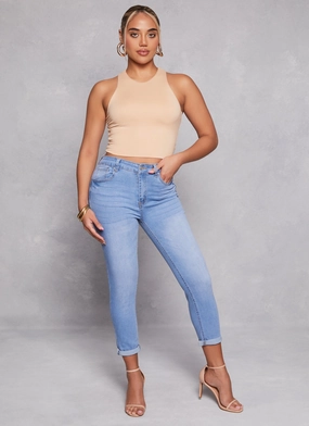 Light Touch Non Restrictive Cut WAX High Waist Rolled Cuff Denim Jeans