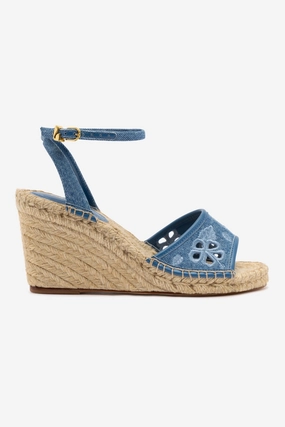 Letizia Espadrille Wedge In Blue Stoned Denim and Hibiscus Broderie Sporty Flip-flops Slip-On Shoes