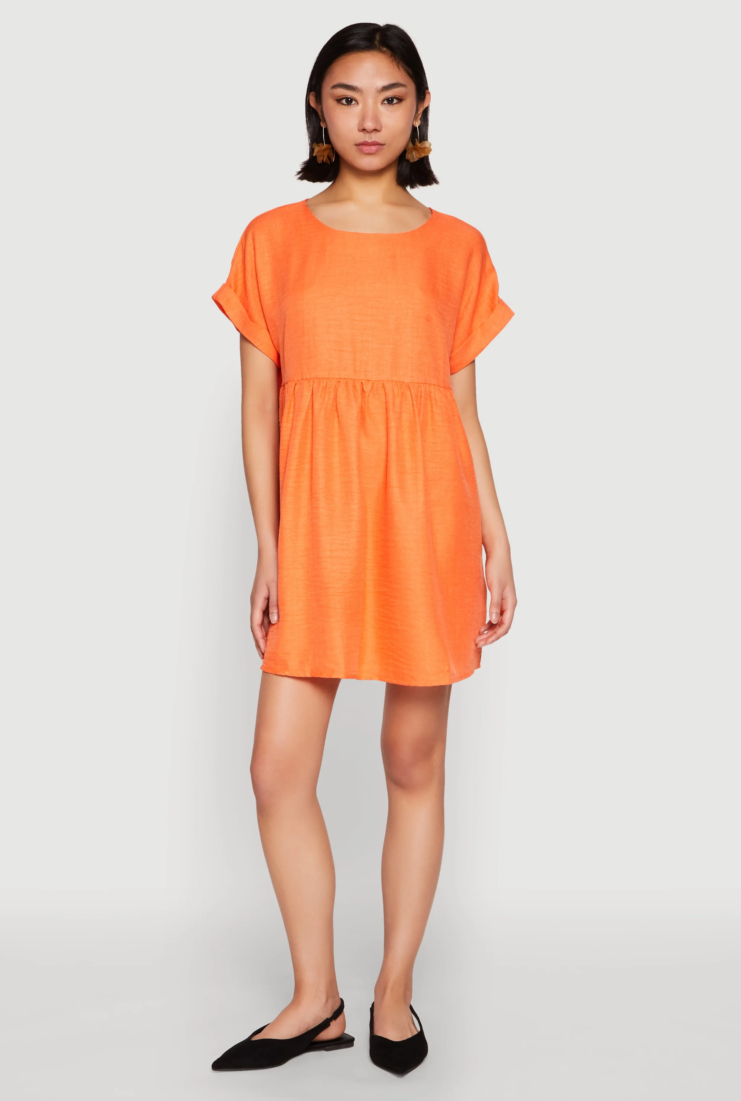 Short Sleeve Linen Fixed Cuff Babydoll Shift Dress