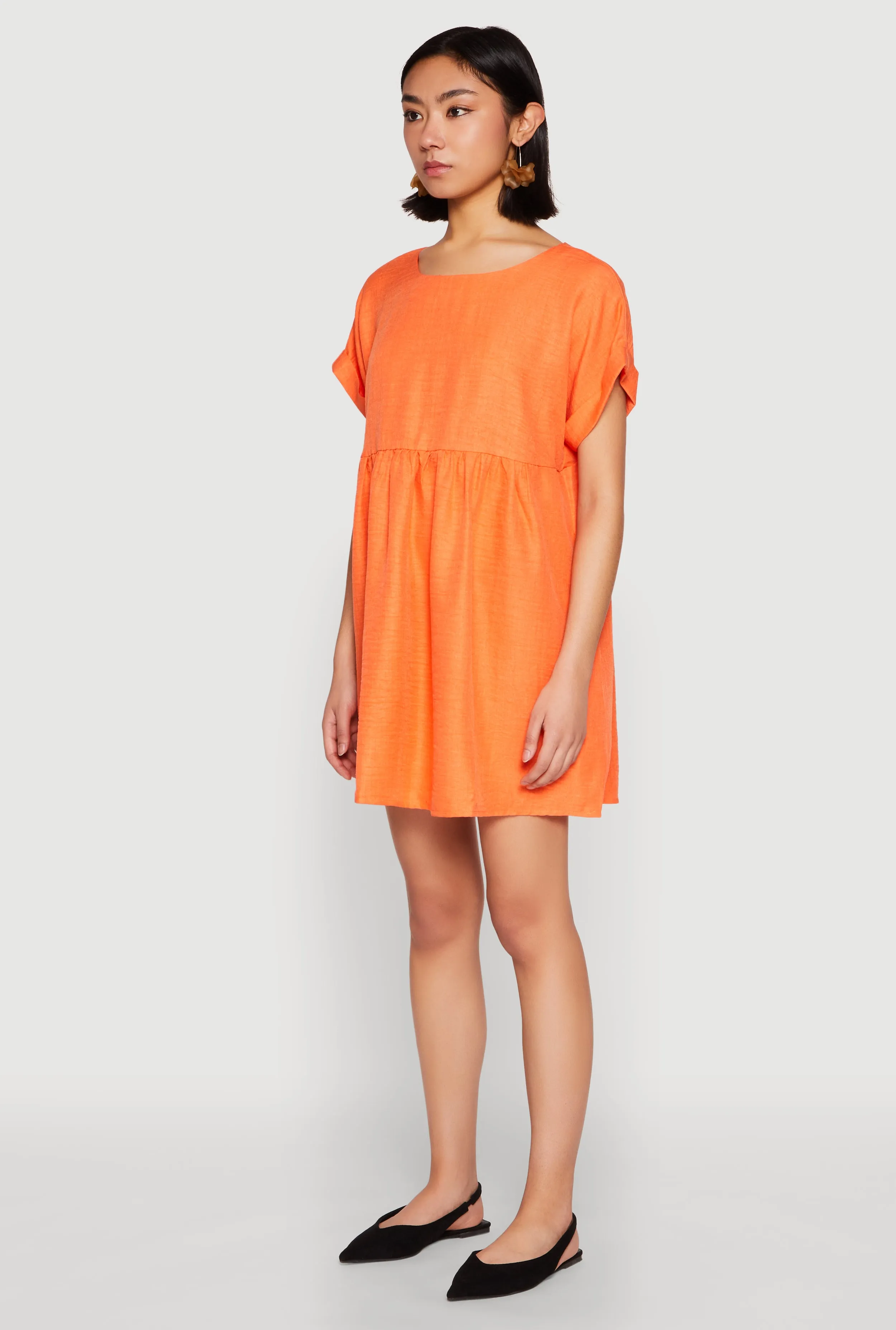 Grace Color Linen Fixed Cuff Babydoll Shift Dress