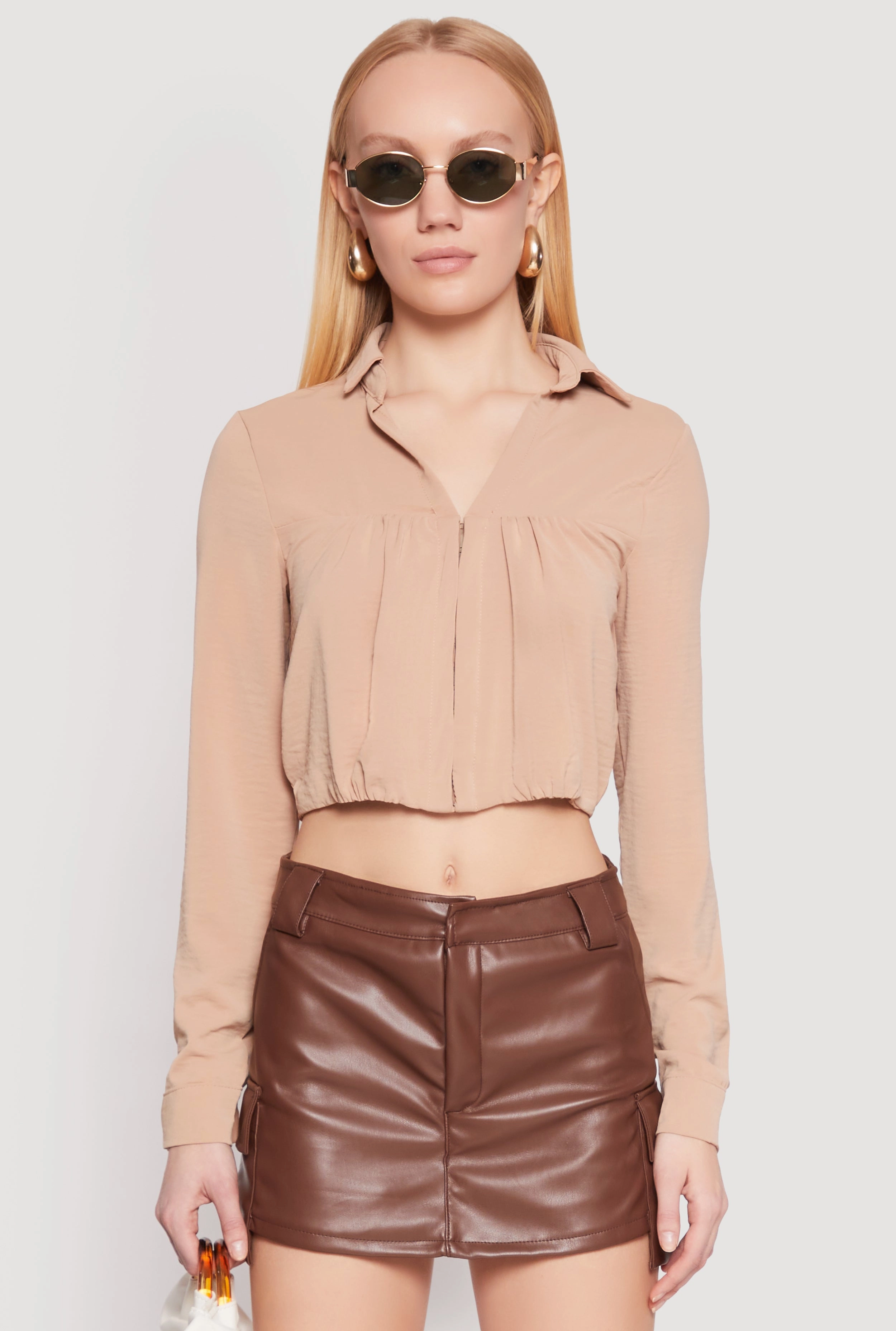 Short cuff Air related Long Sleeve Hook and Eye Cropped Blouse