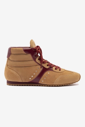 Stella Mid Sneaker In Peanut Suede and Burgundy Leather zip EverydayUse