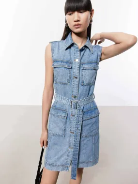 Button-Cuff Natural Light Belt Sleeveless Denim Dress