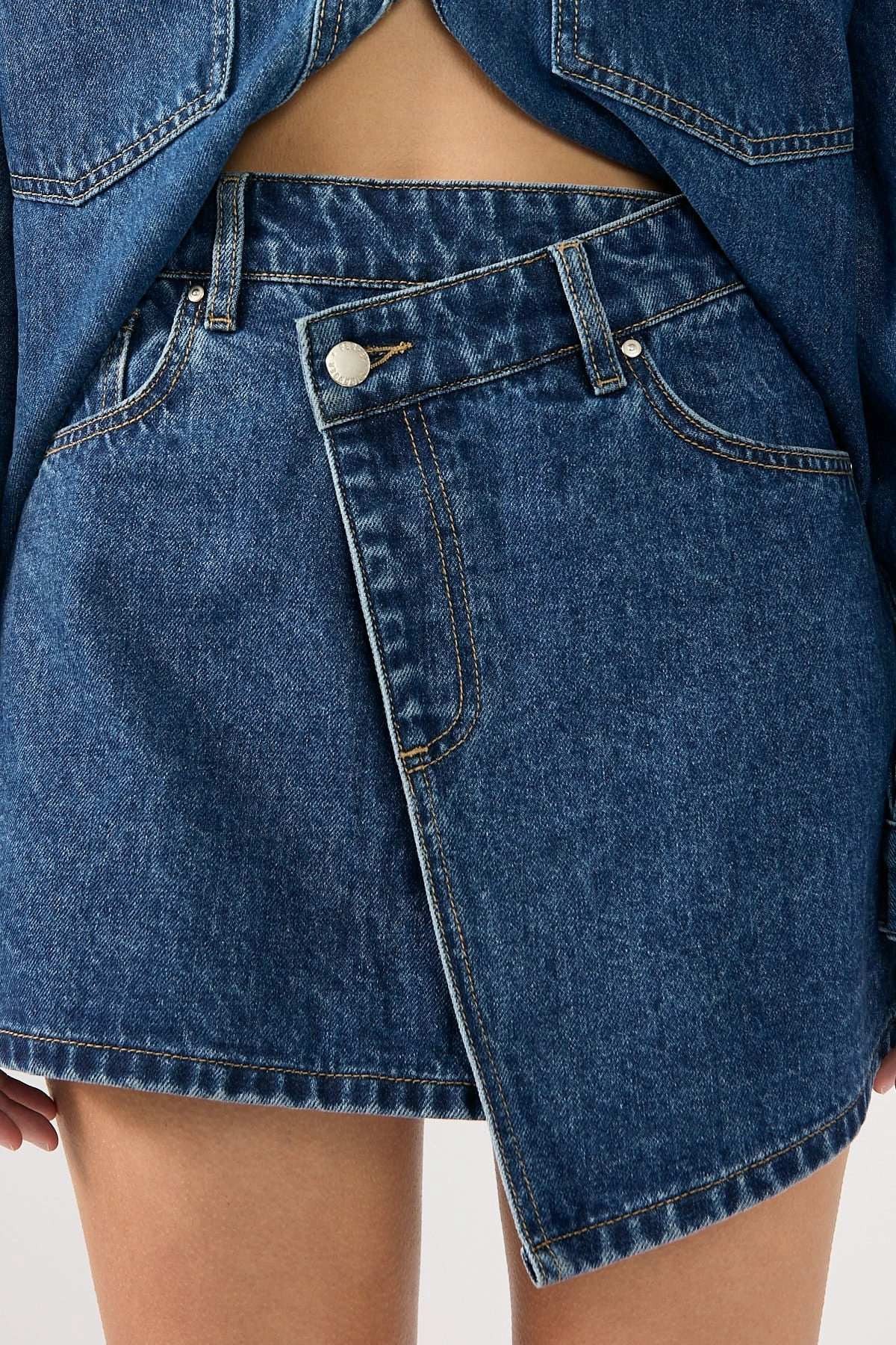 Machine washable Perfect Stranger Sonya Wrap Denim Mini Skirt Mid Blue Denim
