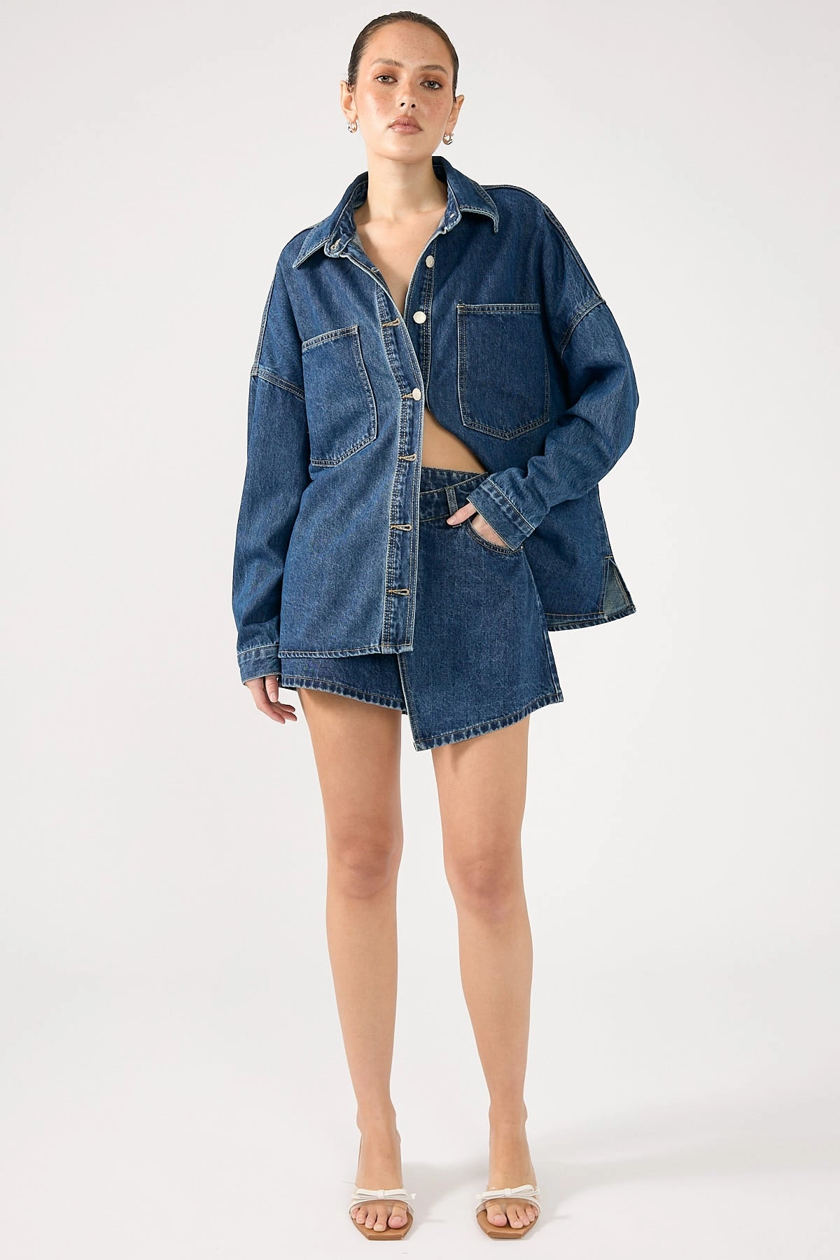Adjustable Waistband Flat Lay Collar Perfect Stranger Sonya Wrap Denim Mini Skirt Mid Blue Denim